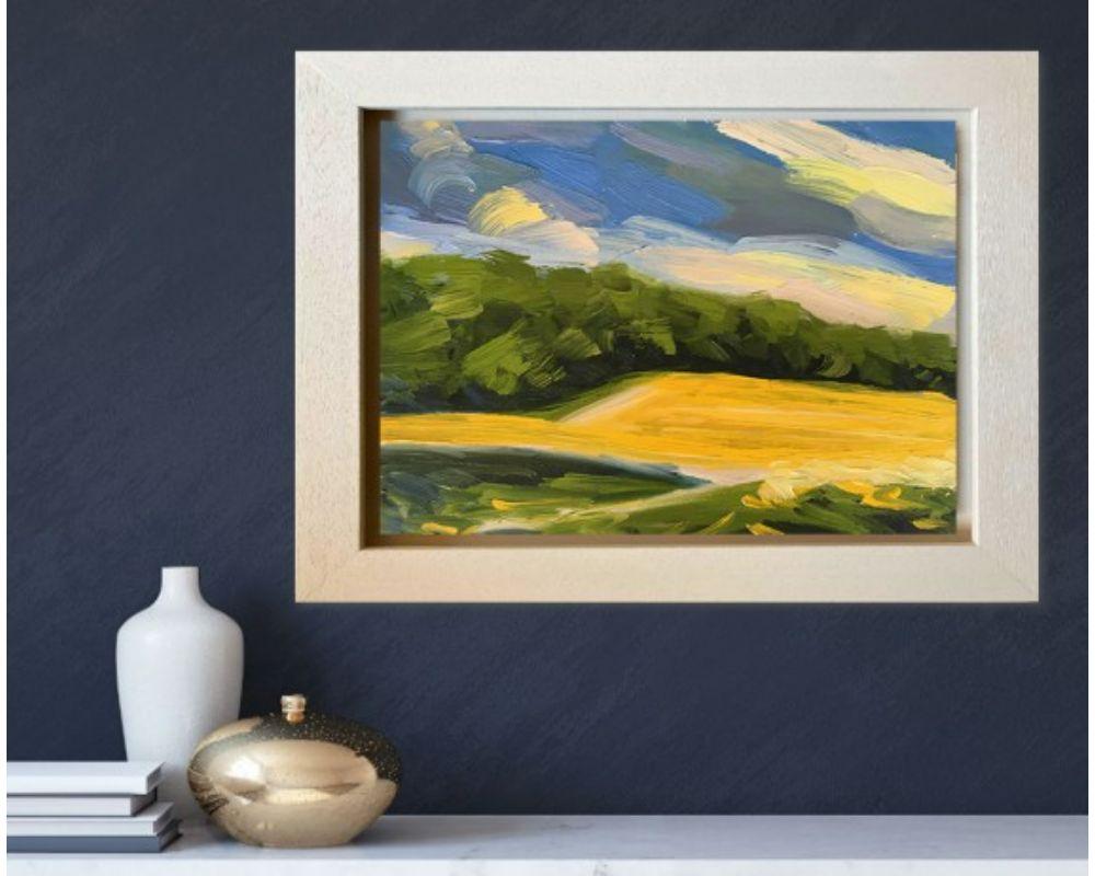 Across the Rapefield I, Original painting, Oil on Board, Landscape, Nature For Sale 3