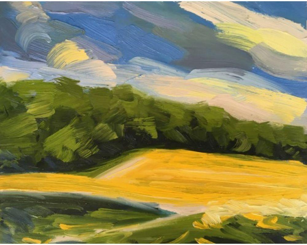 Suzanne Winn Landscape Painting - Across the Rapefield I, Original painting, Oil on Board, Landscape, Nature