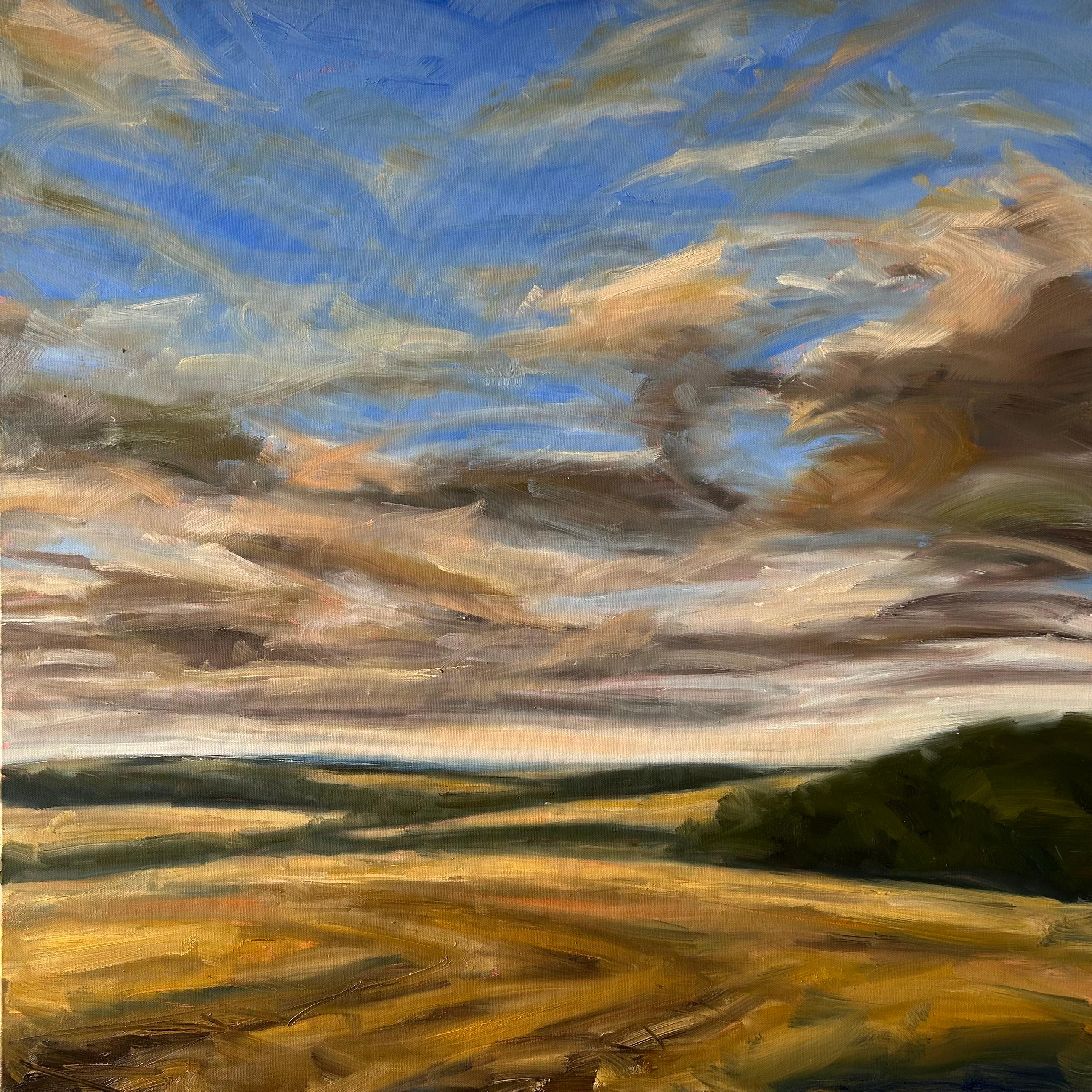 Oil on canvas painting by British landscape artist Suzanne Winn

Comes ready to hang in a bespoke, hand-painted wooden framed

Framed size 85cm x 85cm

This work features soft clouds swirling over a golden stubble field in late summer. A special