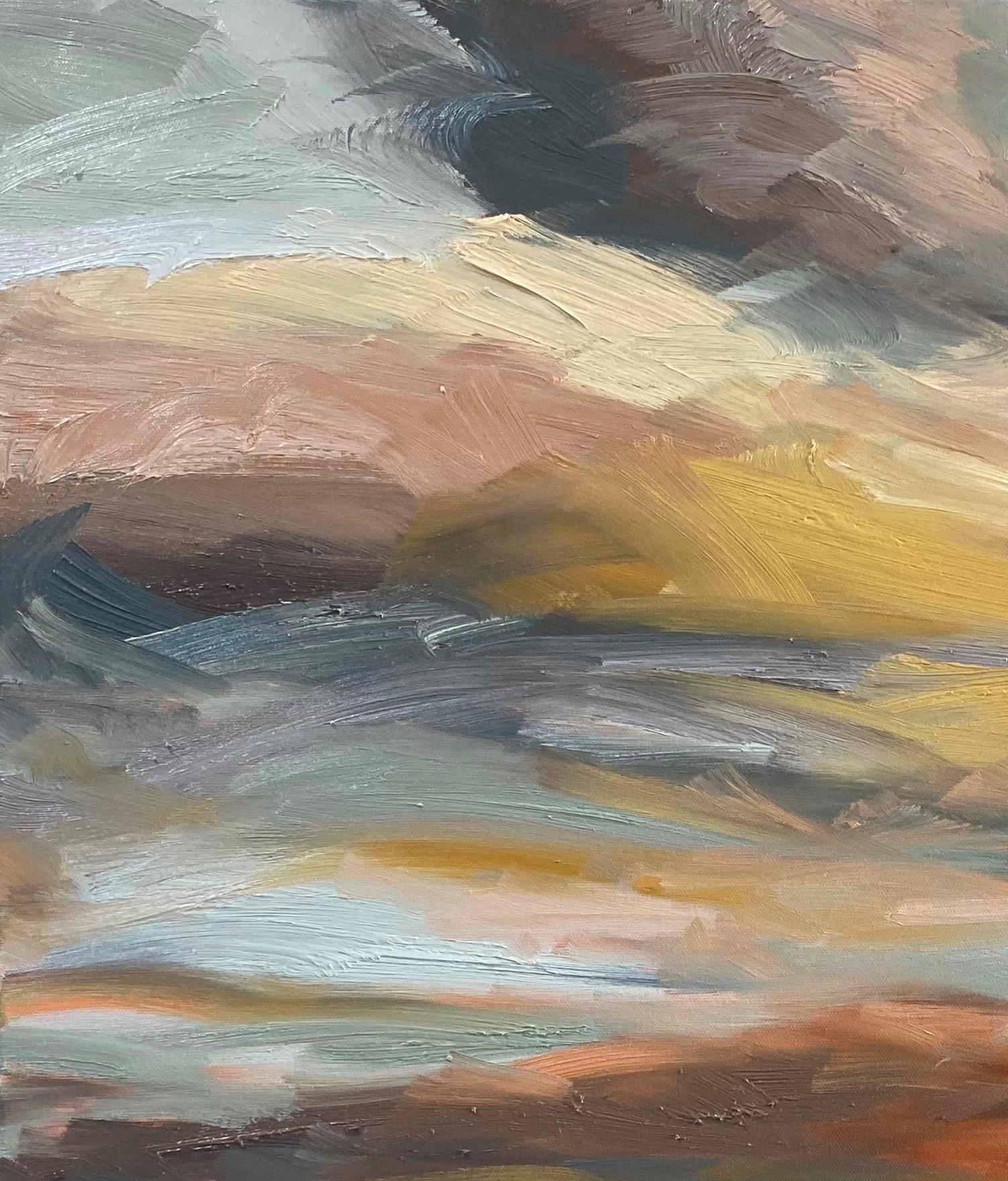 Autumn Skies V by Suzanne Winn.  A larger painting inspired by the colours and rich light of autumn. The glow of the setting sun across the harvested fields picks up the most wonderful colours, which have a depth, and also a softness, as the season