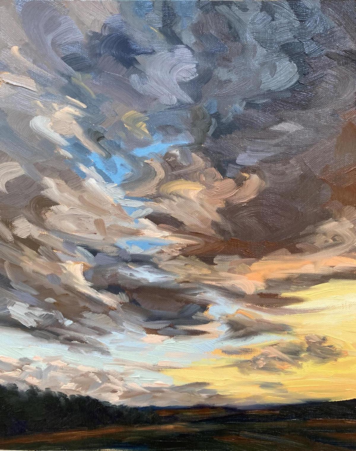 Catching The Light - Autumn Evening and Autumn Evening III Diptych - Gray Landscape Painting by Suzanne Winn