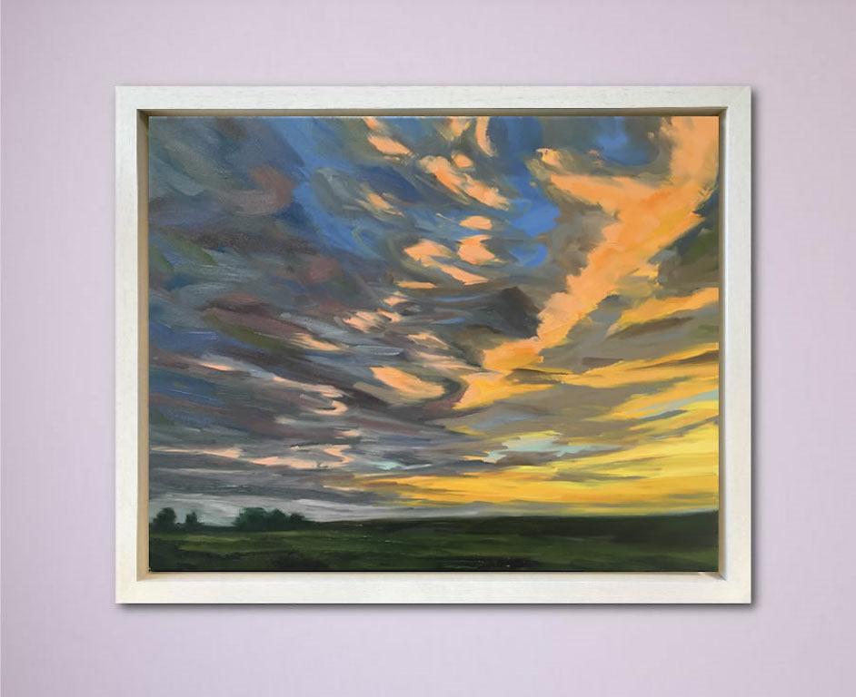 Inspired by a beautiful summer sunset near Suzanne Winn's home in Hampshire, England. The sky seemed as though it was on fire, offering a mesmerising display of colour and light. It was such a beautiful evening, Suzanne created three paintings