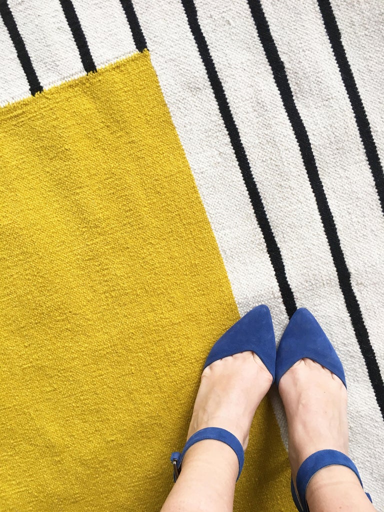 Suzanne Yellow FlatWoven Dhurrie Rug Black and White Stripe at 1stDibs