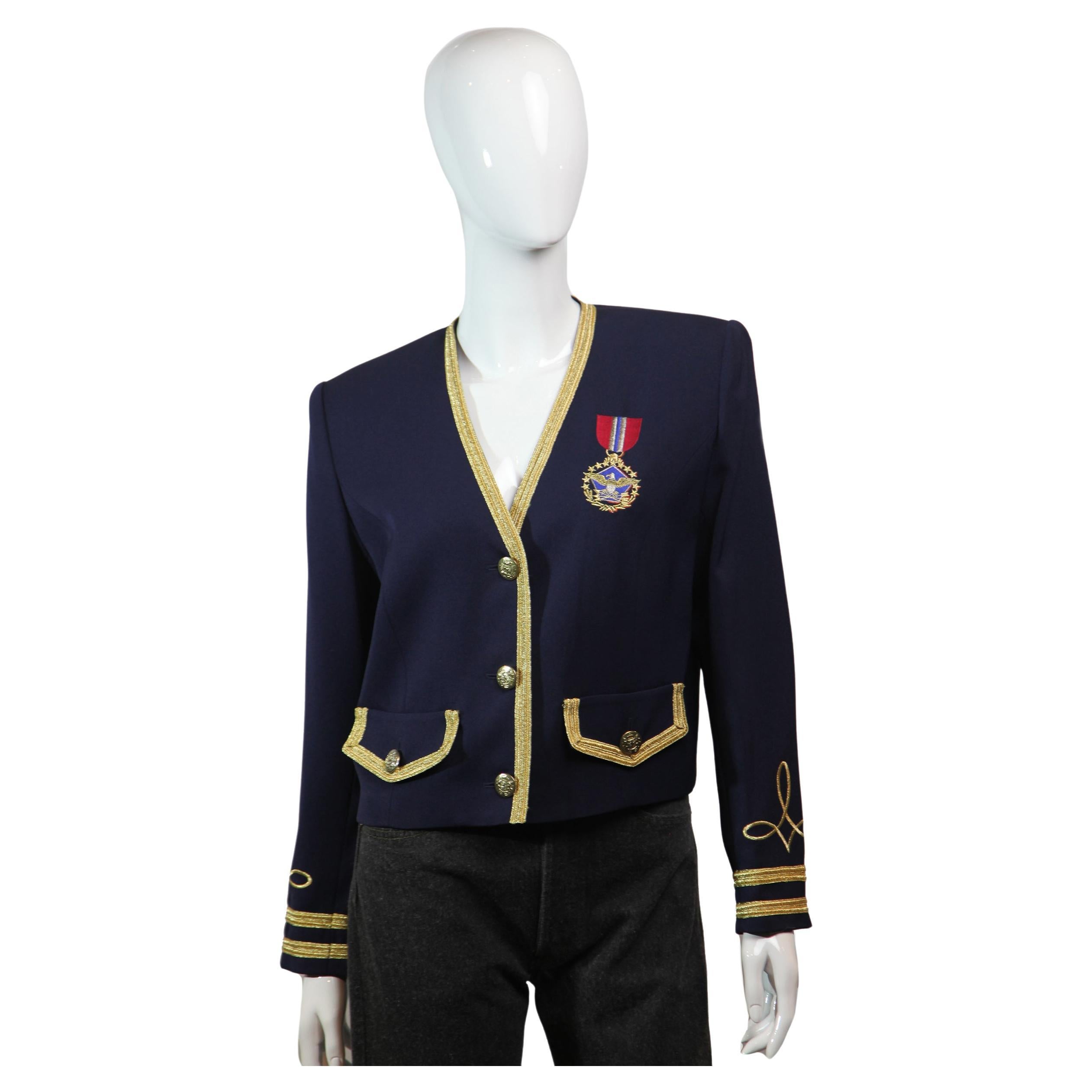 Suzelle Vintage Navy Blue Embellished Military Blazer, 1990s