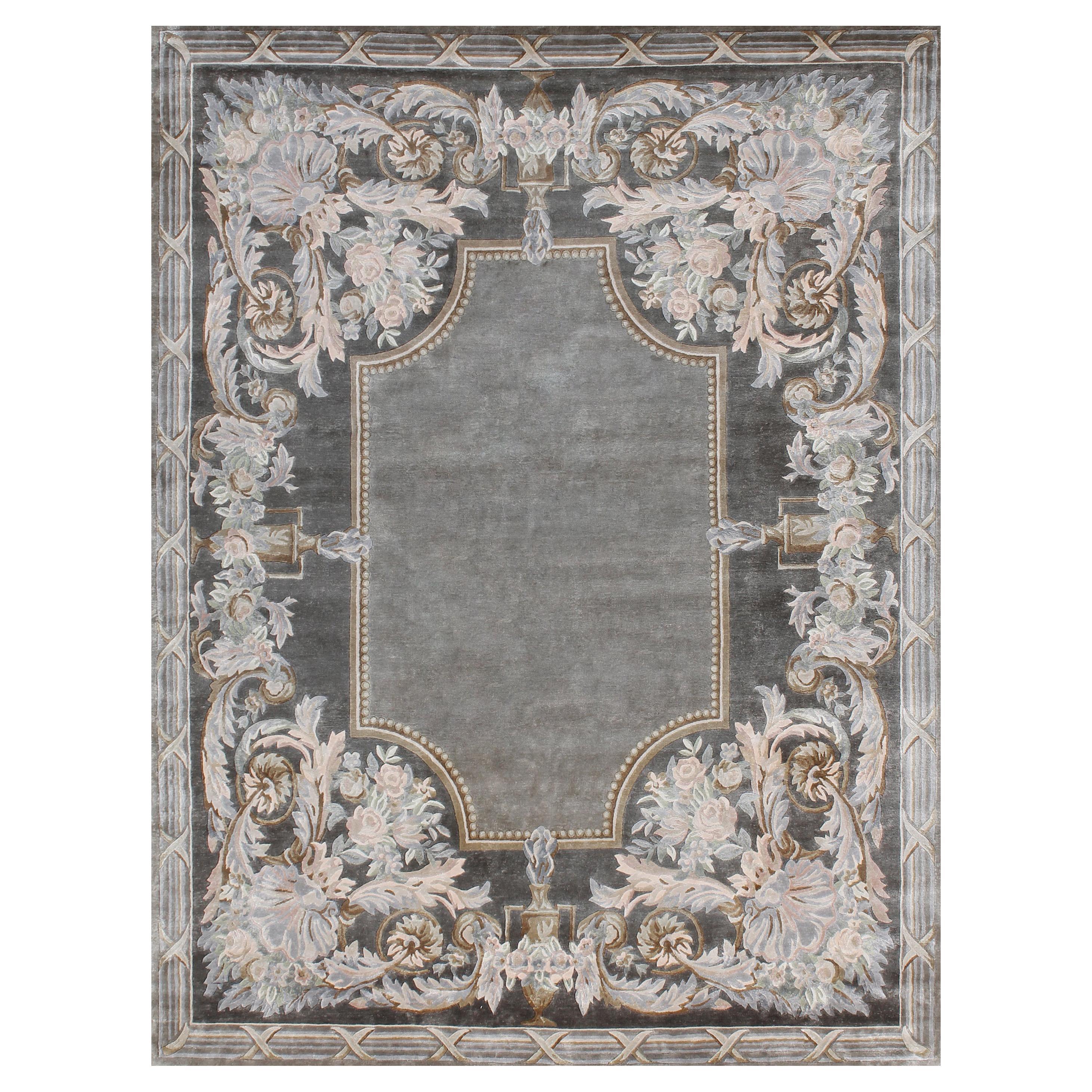 SUZETTE Hand Knotted Transitional Floral Silk Rug in Multi Grey Colour By Hands For Sale