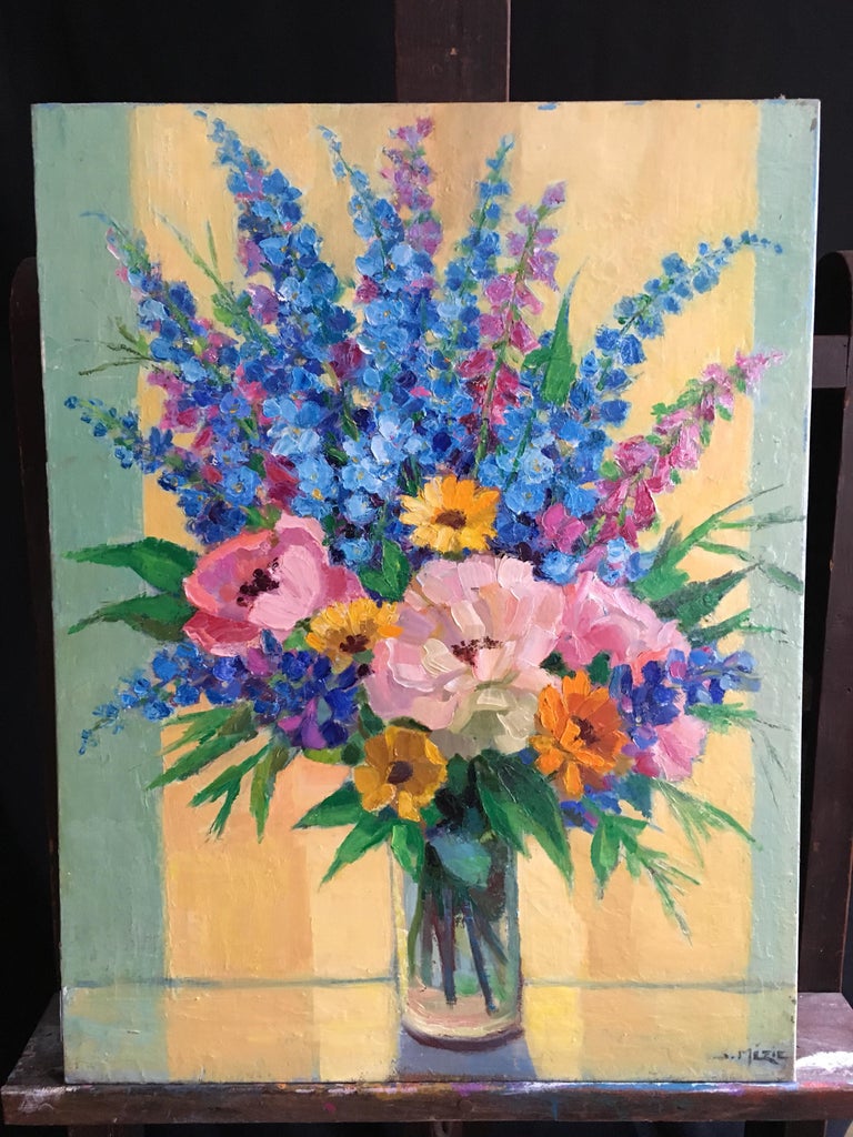 Brimming Bouquet of Flowers, French Oil Painting, Signed - Brown Interior Painting by Suzette Mezie