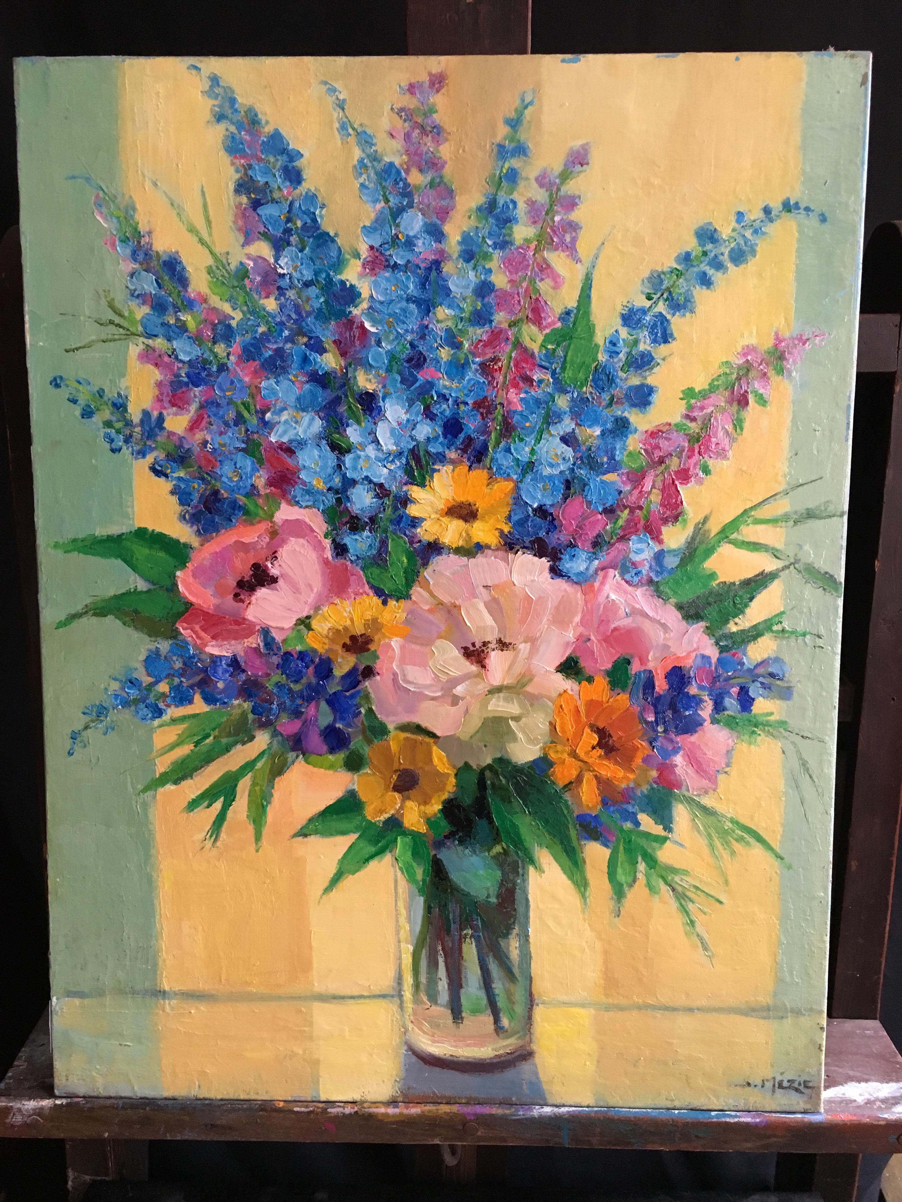 Brimming Bouquet of Flowers, French Oil Painting, Signed
By French artist Suzette Mezie, Mid 20th Century
Signed by the artist on the lower right hand corner 
Oil painting on canvas, unframed
Canvas size: 25.5 x 19.5 inches

Wonderfully bright and