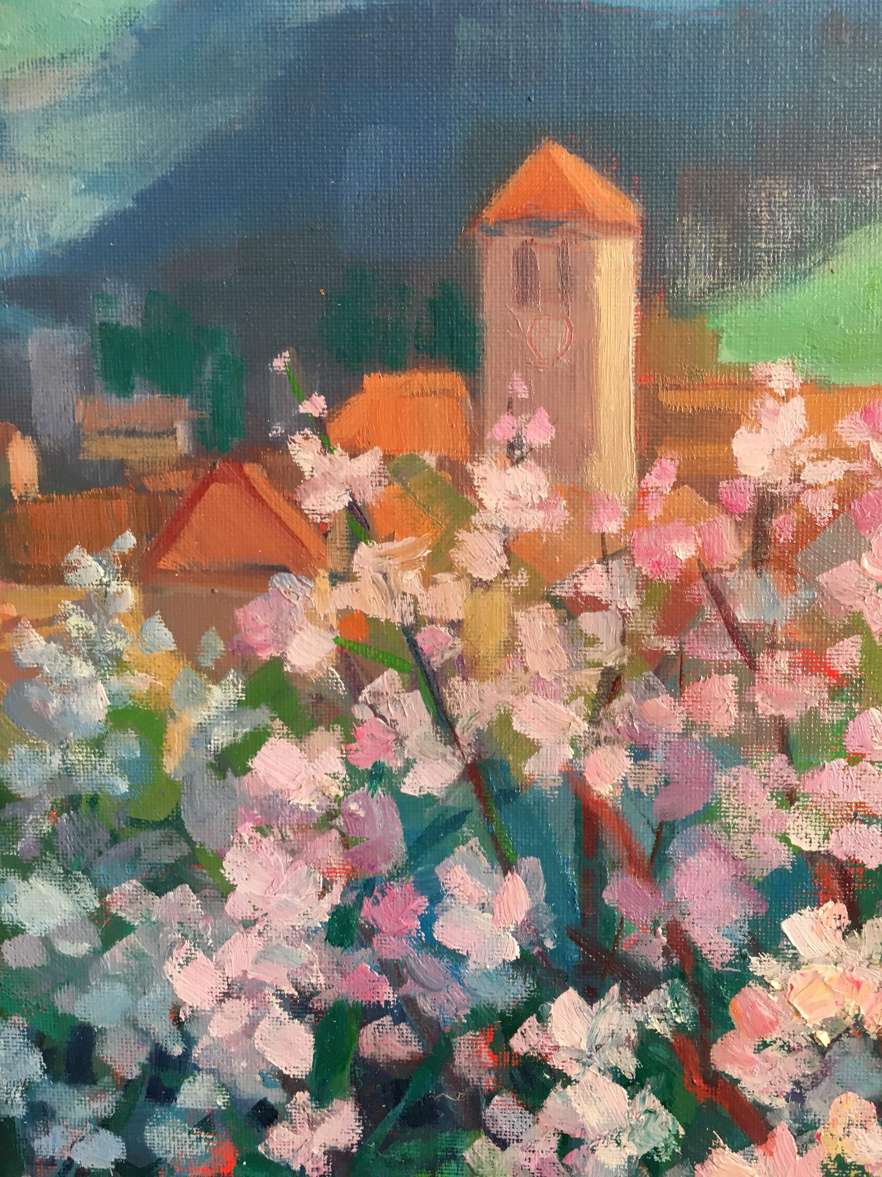 Sentiero fiancheggiato da fiori di ciliegio, paesaggio francese, firmato in vendita 1