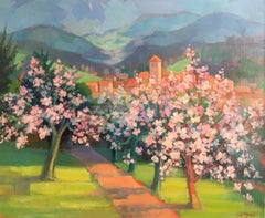 Sentiero fiancheggiato da fiori di ciliegio, paesaggio francese, firmato