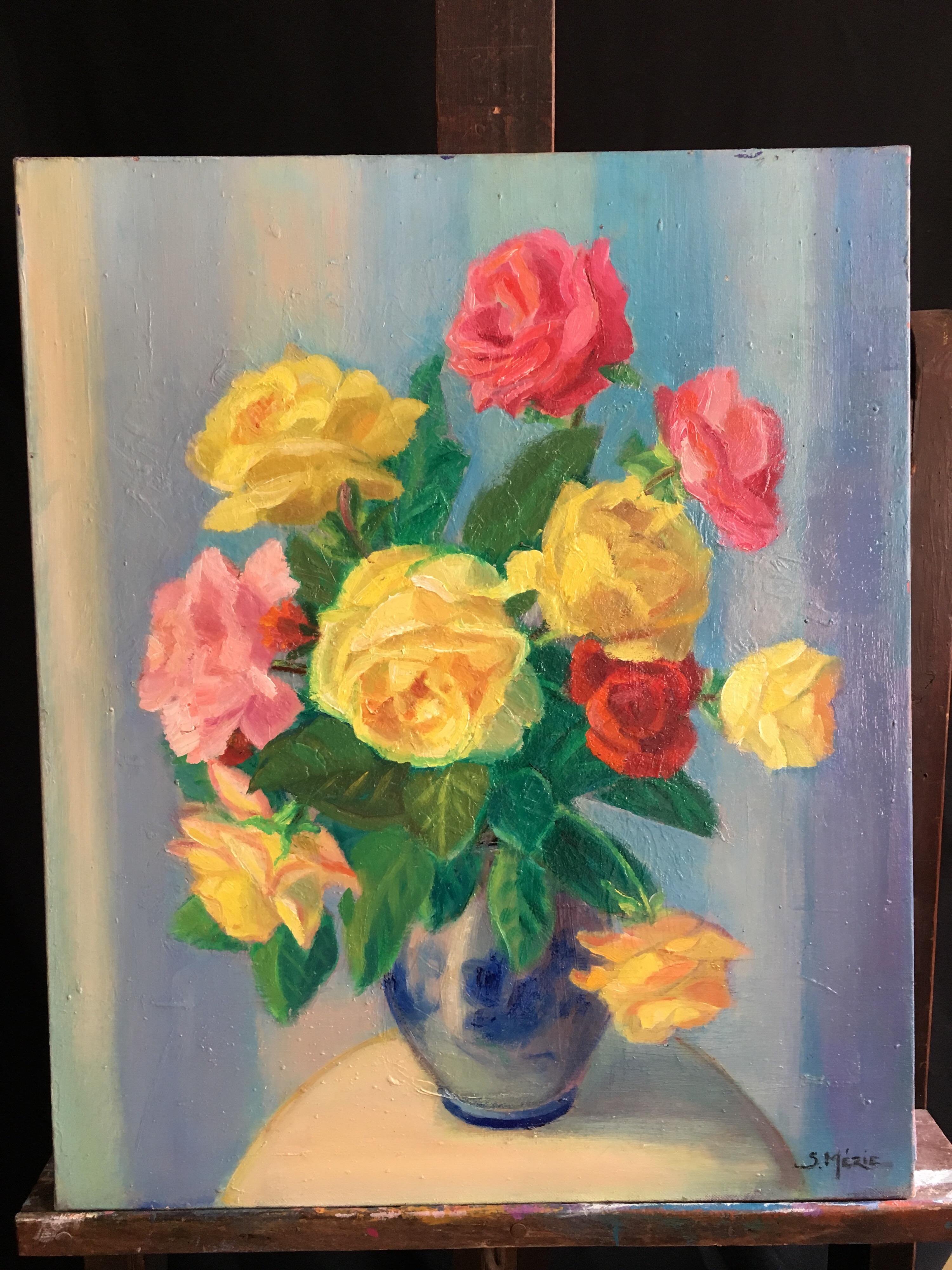Classical Bouquet of Roses, French Artist, Signed - Painting by Suzette Mezie