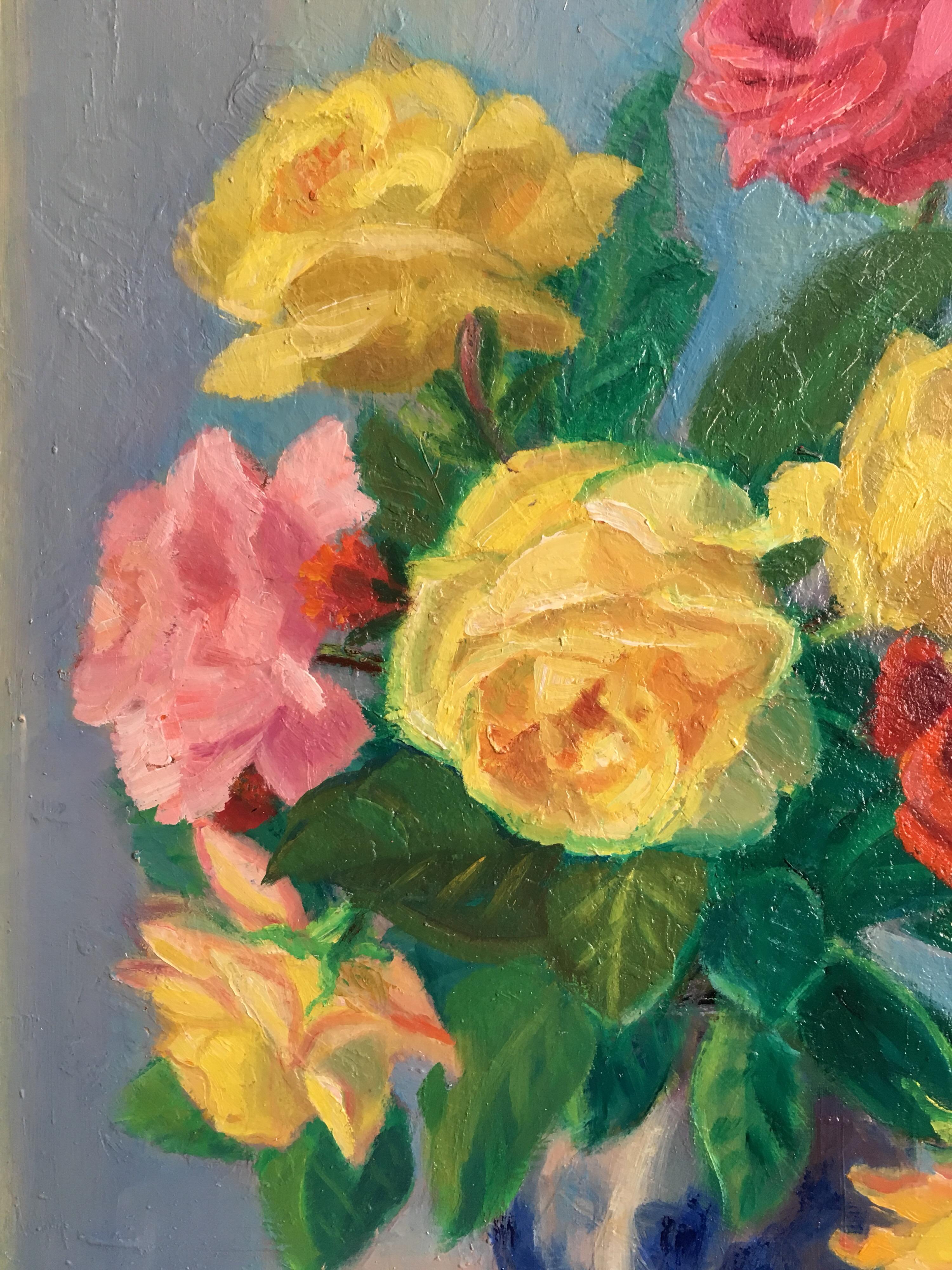 Ramo clásico de rosas, Artista francés, Firmado
De la artista francesa Suzette Mezie, mediados del siglo XX
Firmado por el artista en la esquina inferior derecha 
Óleo sobre lienzo, sin enmarcar
Tamaño del lienzo: 25,5 x 21 pulgadas

Maravillosa