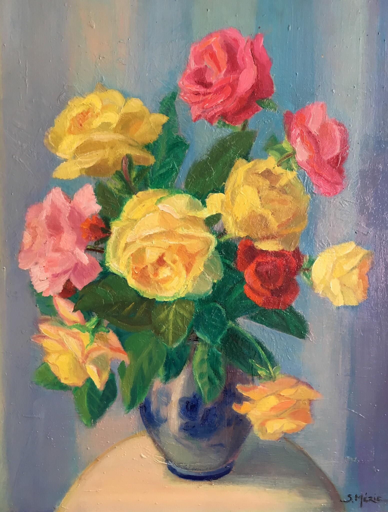 Interior Painting de Suzette Mezie - Ramo clásico de rosas, Artista francés, Firmado