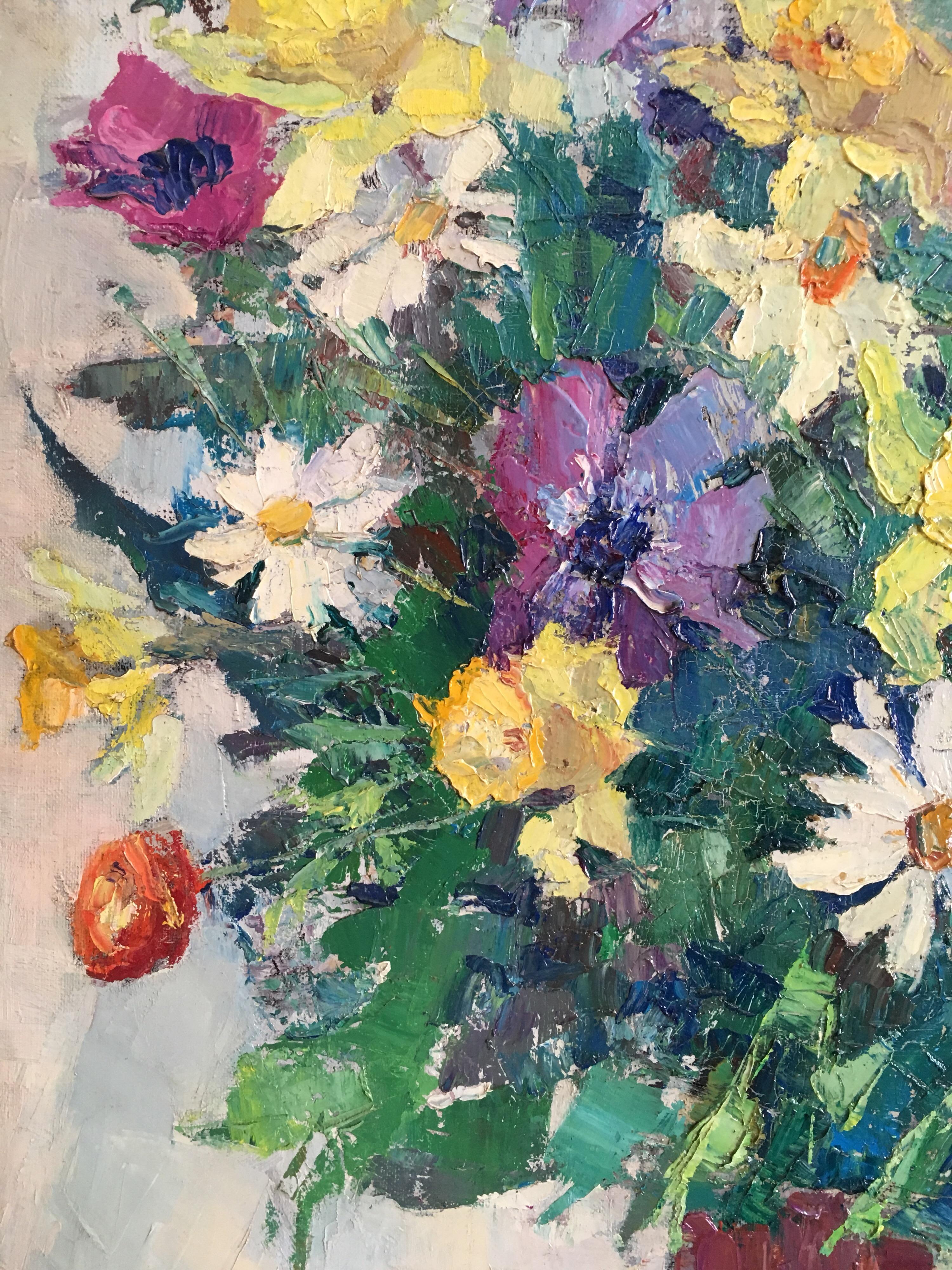 Colourful Floral Bouquet, French Artist, Signed
By French artist Suzette Mezie, Mid 20th Century
Signed by the artist on the lower right hand corner 
Oil painting on canvas, unframed
Canvas size: 32 x 23.5 inches

Wonderfully bright and vibrant