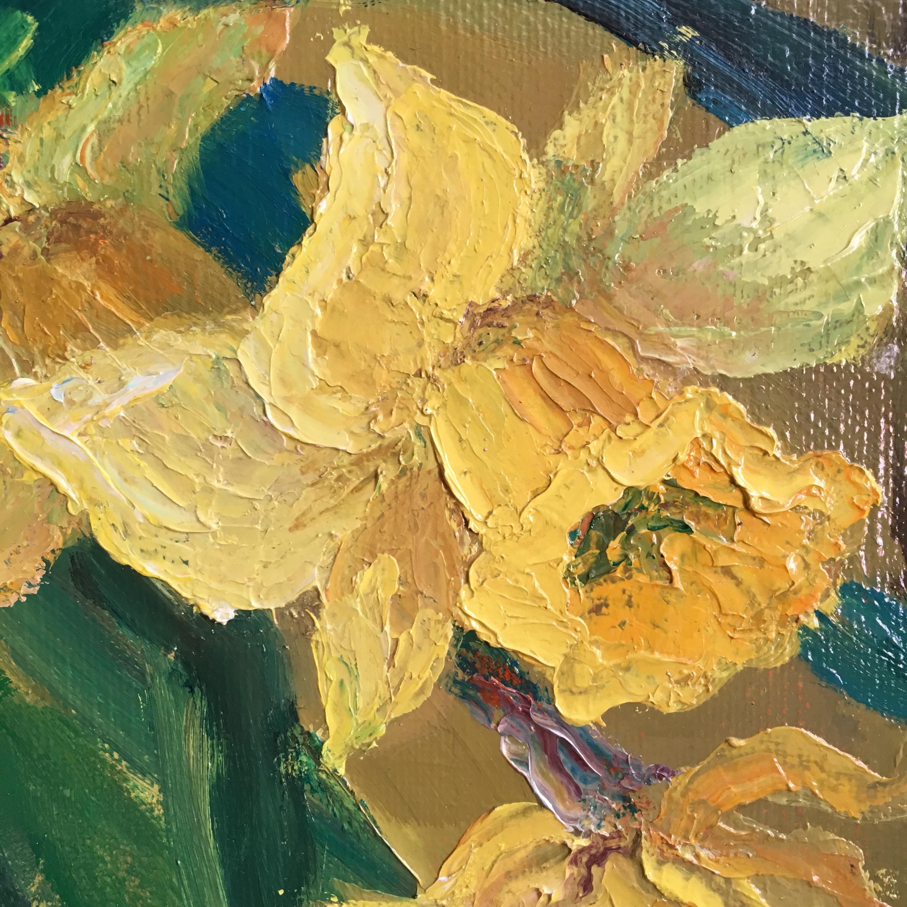 Daffodils in a Yellow Room, Oil painting, Signed
By French artist, Suzette Mezie, mid 20th Century
Signed by the artist on the right hand corner, and verso
Oil painting on canvas, unframed
Canvas size: 31.5 x 31.5 inches

Wonderfully vibrant oil
