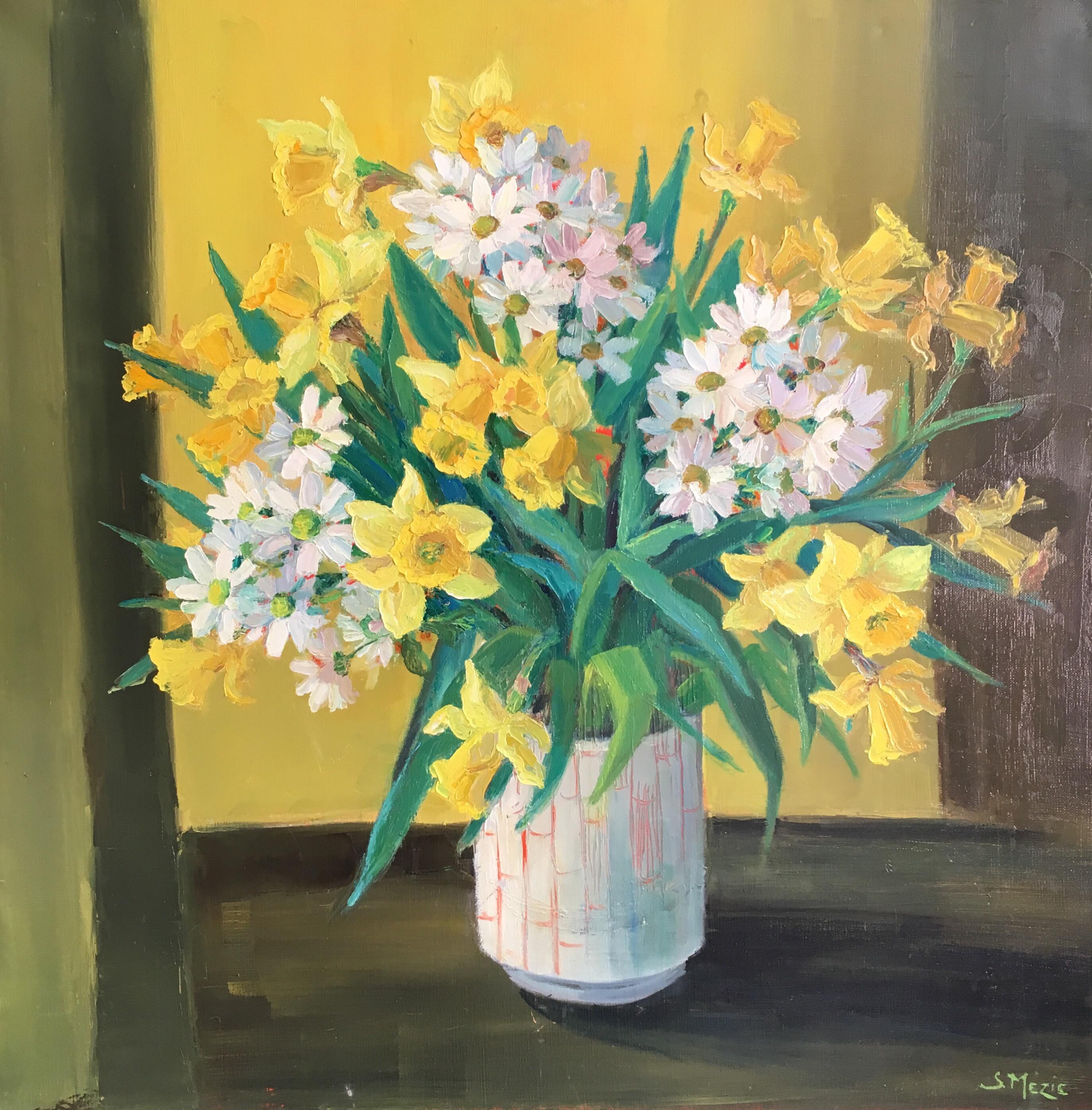 Suzette Mezie Interior Painting - Daffodils in a Yellow Room, Oil painting, Signed