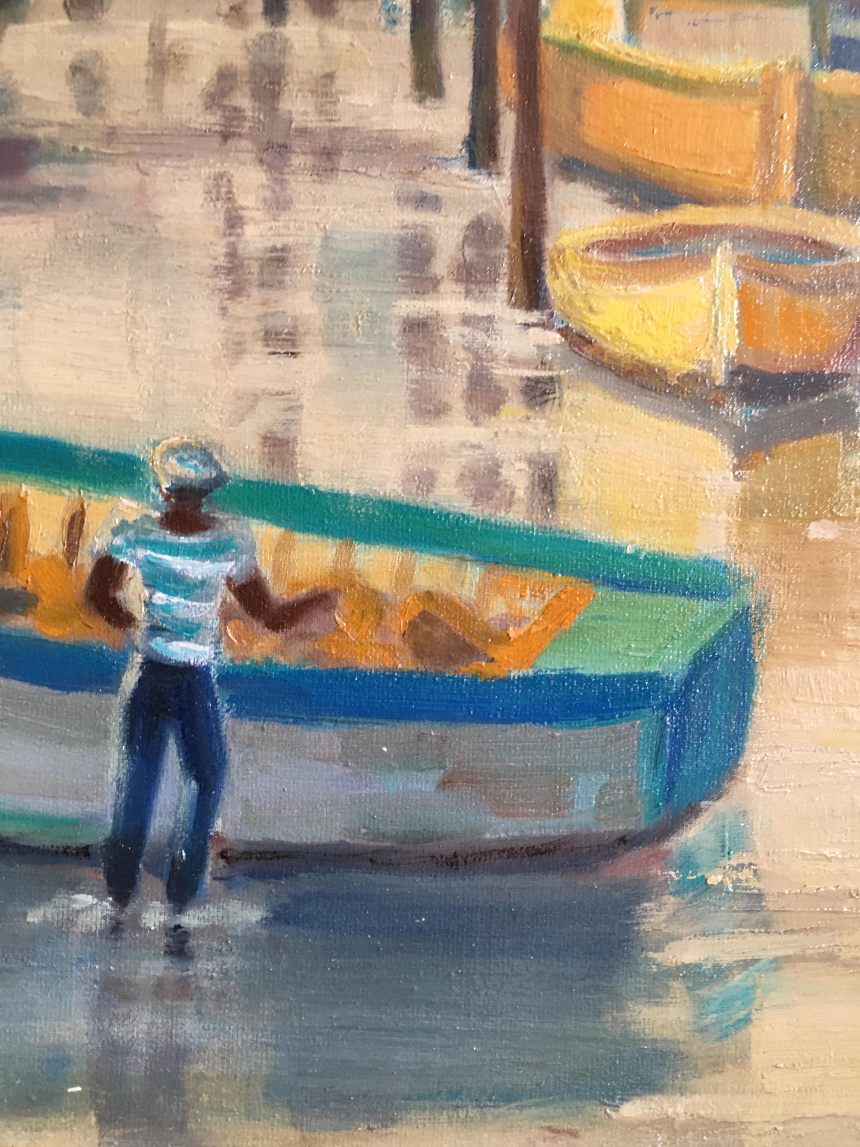 Fishing Boats on a French Mooring, Signed Oil Painting  - Gray Landscape Painting by Suzette Mezie