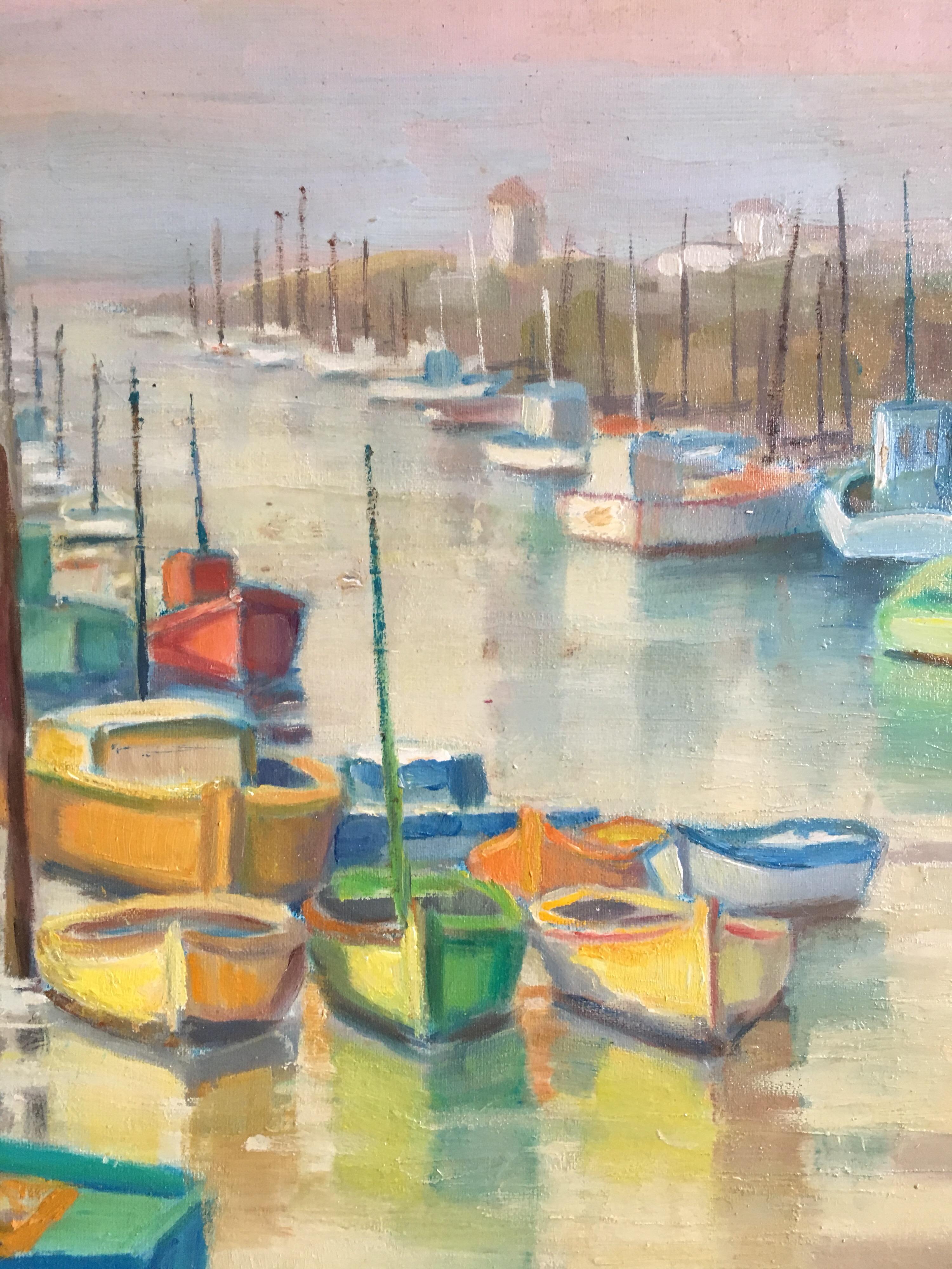 Fishing Boats on a French Mooring, Signed Oil Painting 
By French artist, Suzette Mezie, Mid 20th Century
Signed by the artist on the lower right hand corner
Oil painting on board, framed
Framed size: 22 x 26.5 inches

Beautiful scenic landscape of