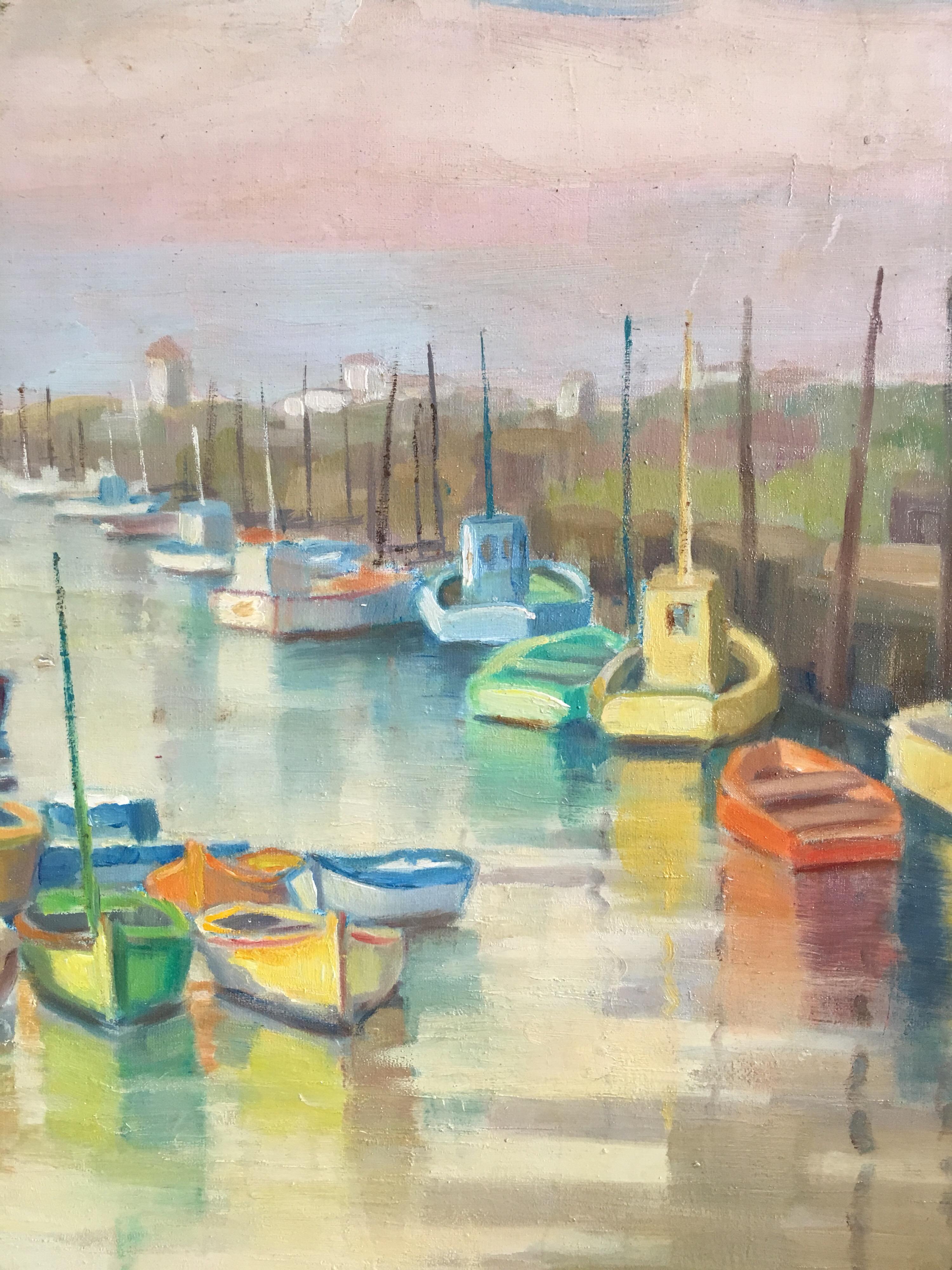Fishing Boats on a French Mooring, Signed Oil Painting  1