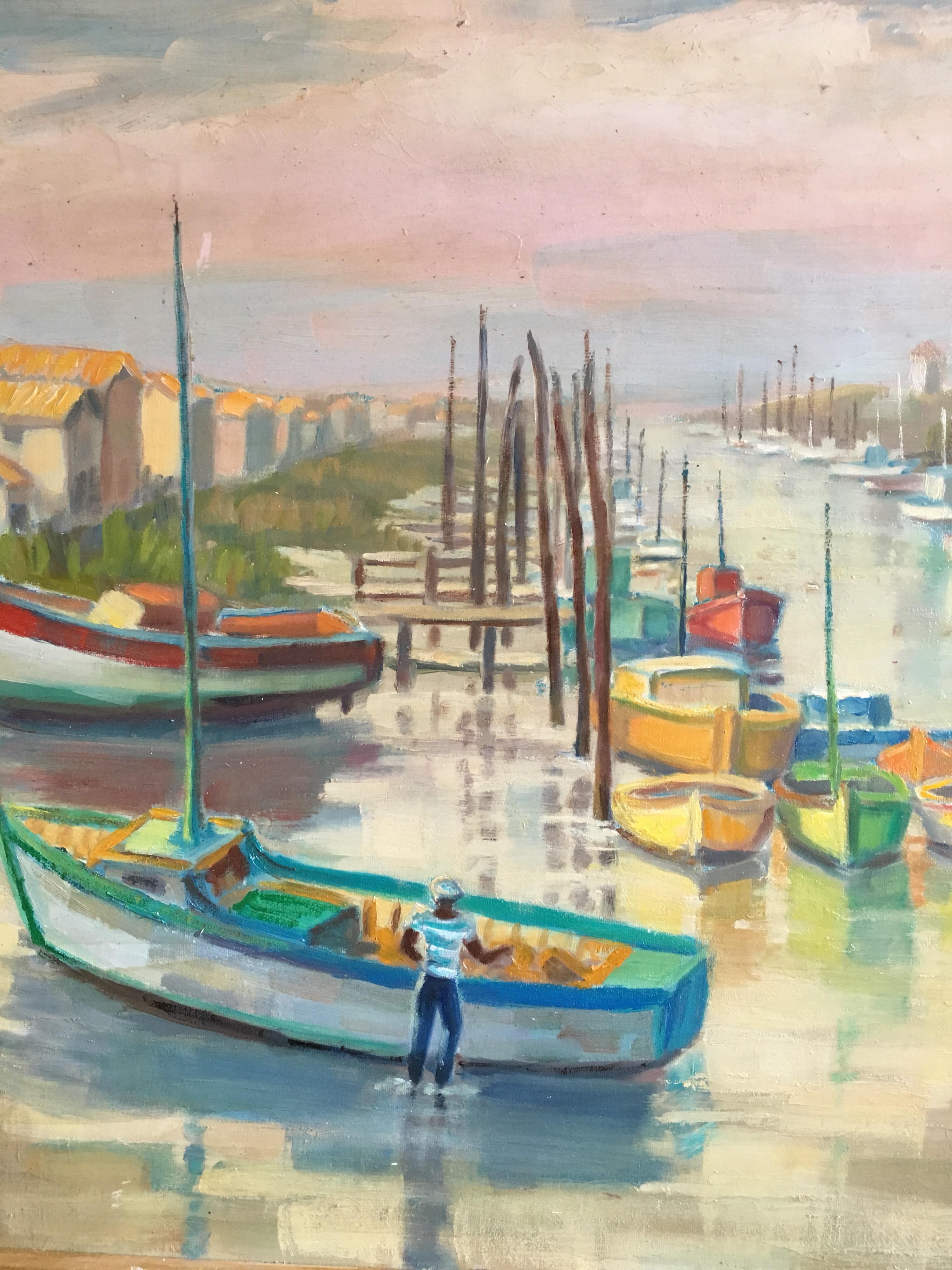 Fishing Boats on a French Mooring, Signed Oil Painting  2