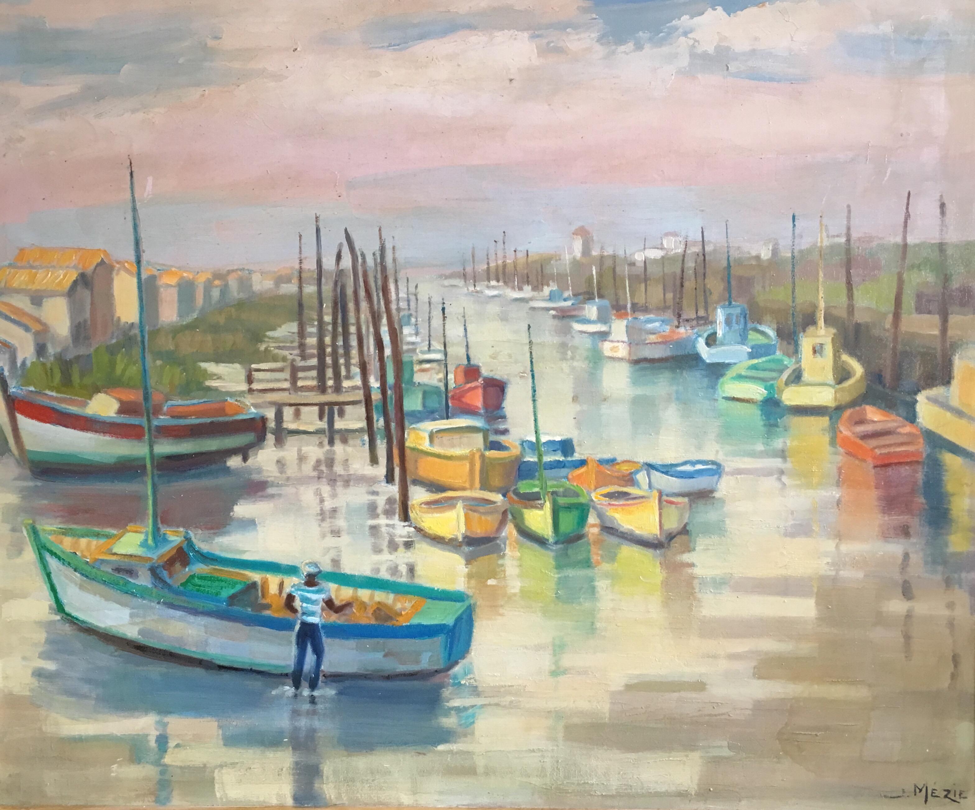 Suzette Mezie Landscape Painting - Fishing Boats on a French Mooring, Signed Oil Painting 