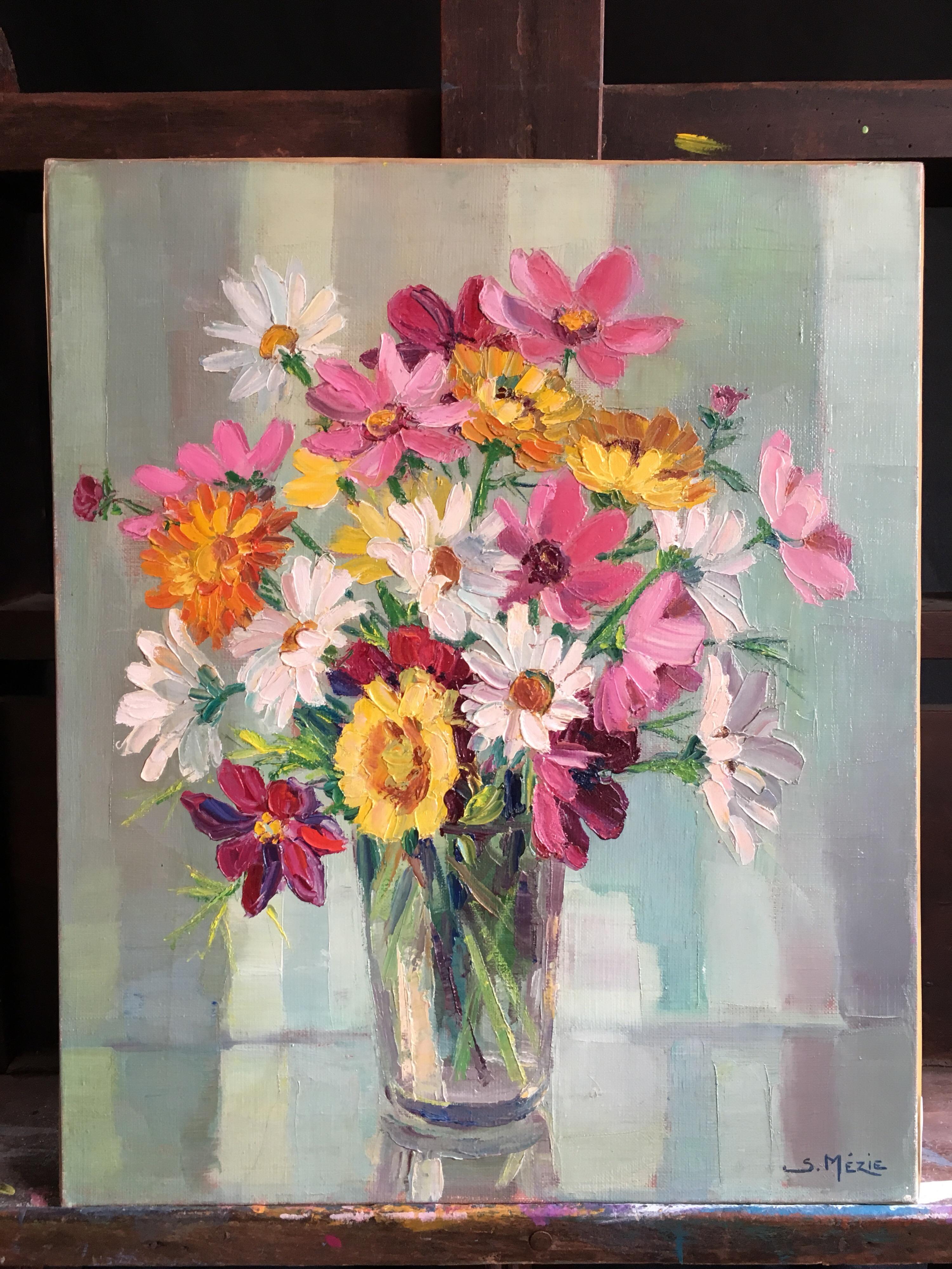 Multi Coloured Floral Bouquet, French Artist, Signed - Painting by Suzette Mezie