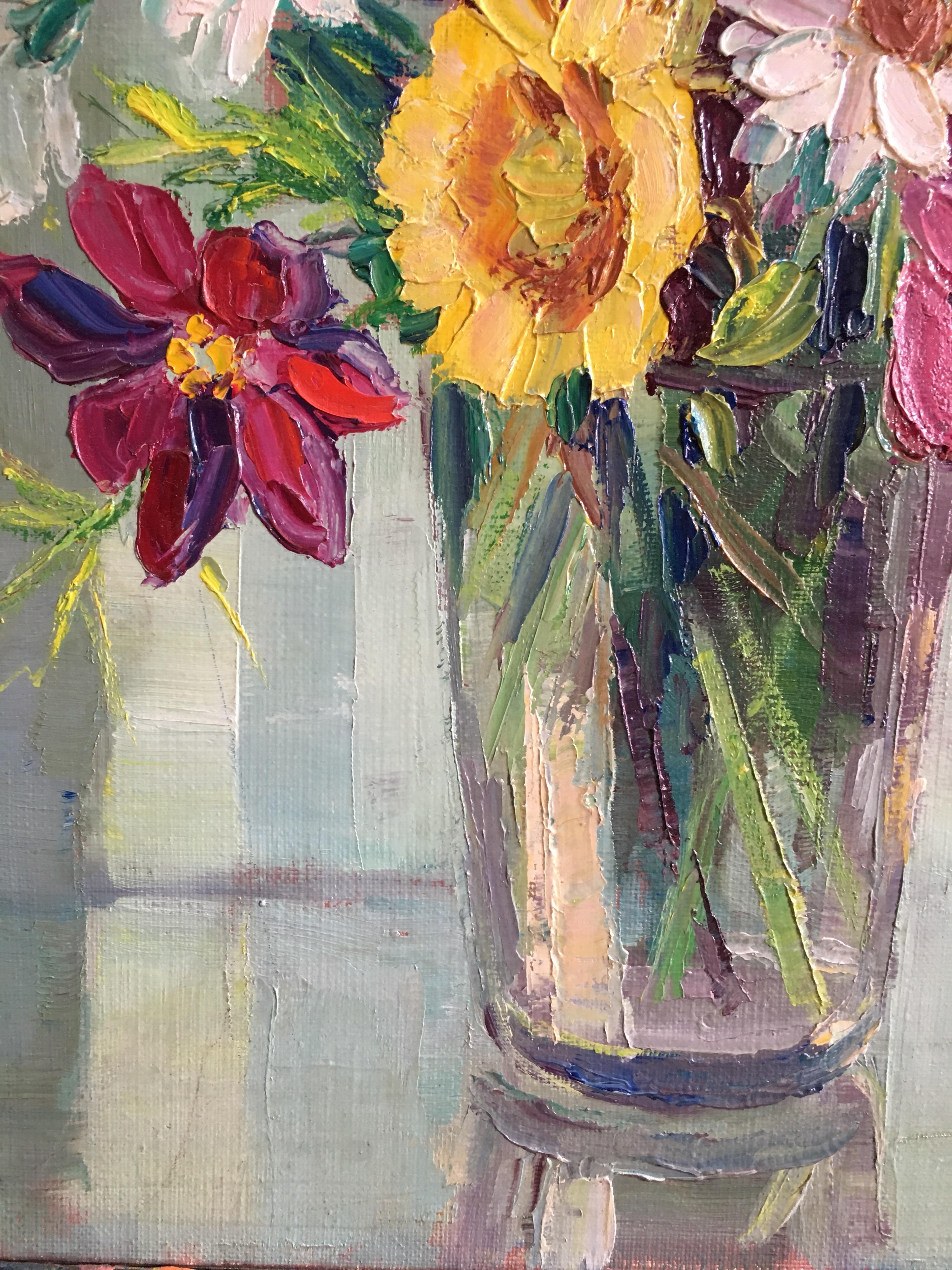 Multi Coloured Floral Bouquet, French Artist, Signed - Gray Still-Life Painting by Suzette Mezie
