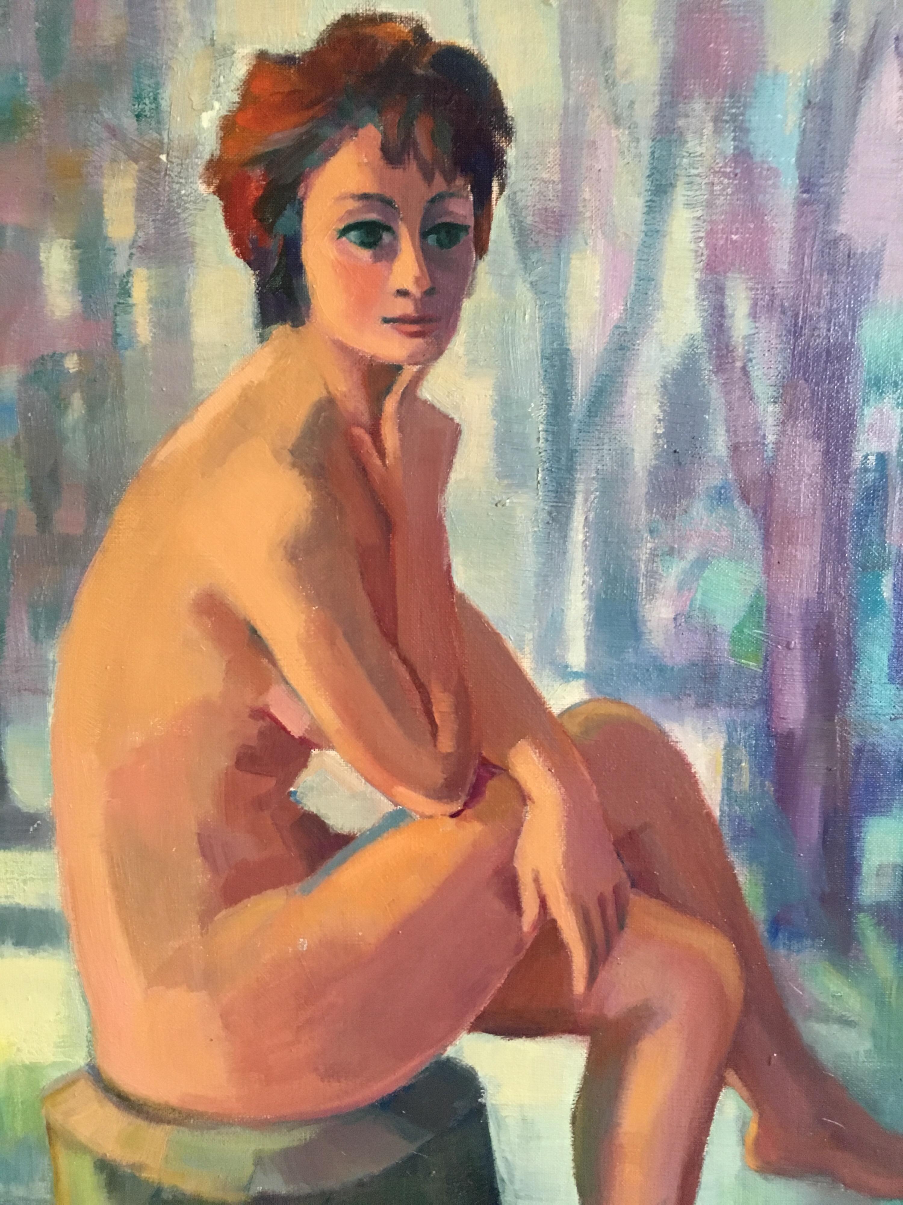 « La Femme Faune », nue, impressionniste d'une jeune femme française, signée, 1970 - Marron Landscape Painting par Suzette Mezie