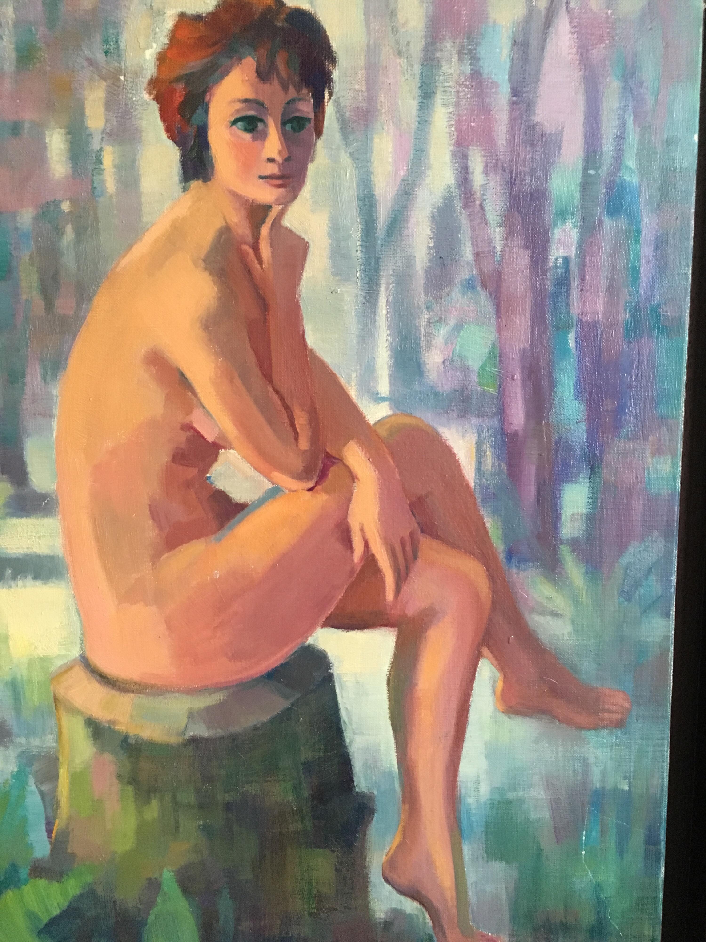 Nude 'La Femme Faune' Impressionist of a Young French Lady, 1970s, Signed - Brown Landscape Painting by Suzette Mezie