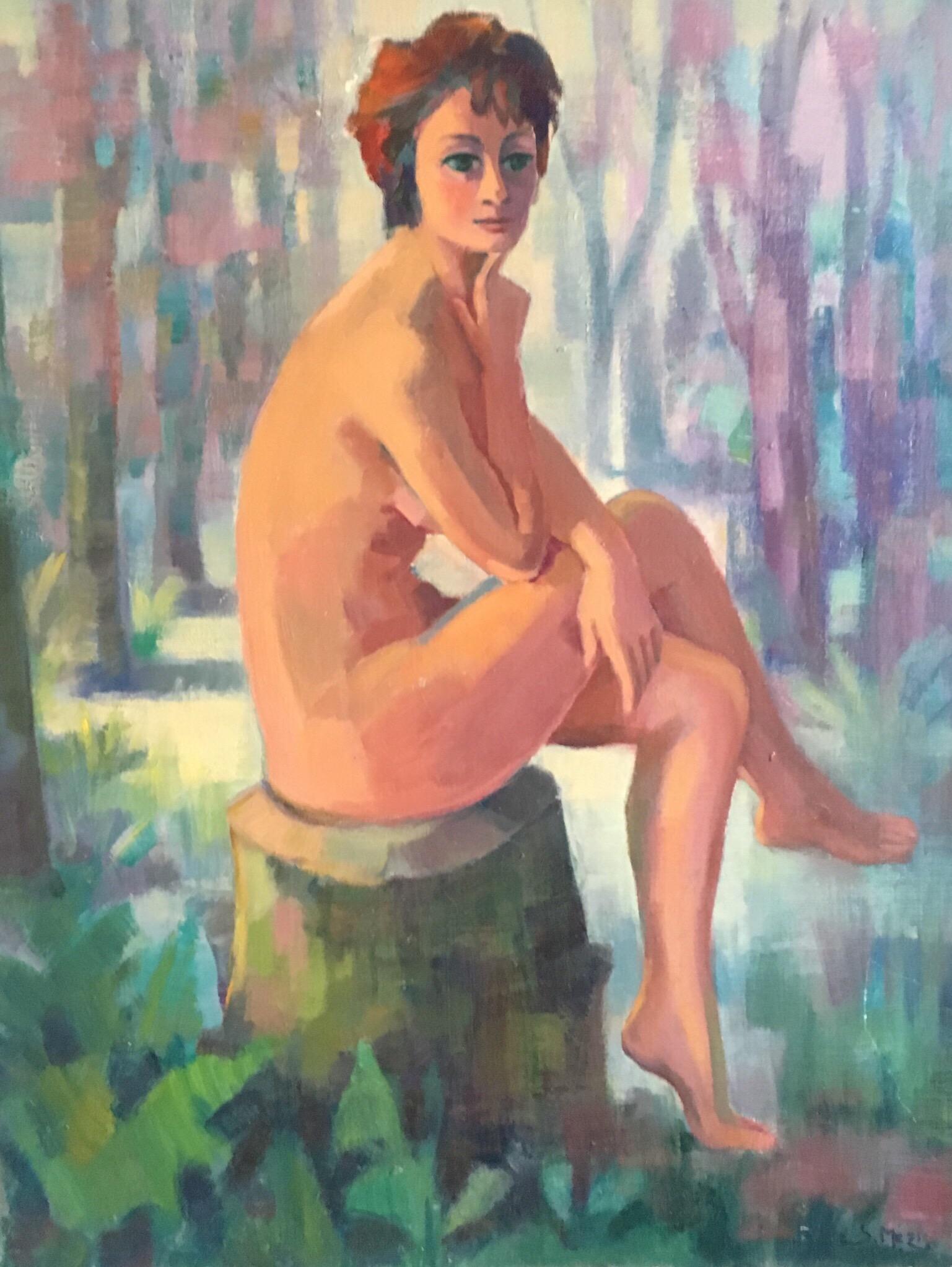 Landscape Painting Suzette Mezie - « La Femme Faune », nue, impressionniste d'une jeune femme française, signée, 1970