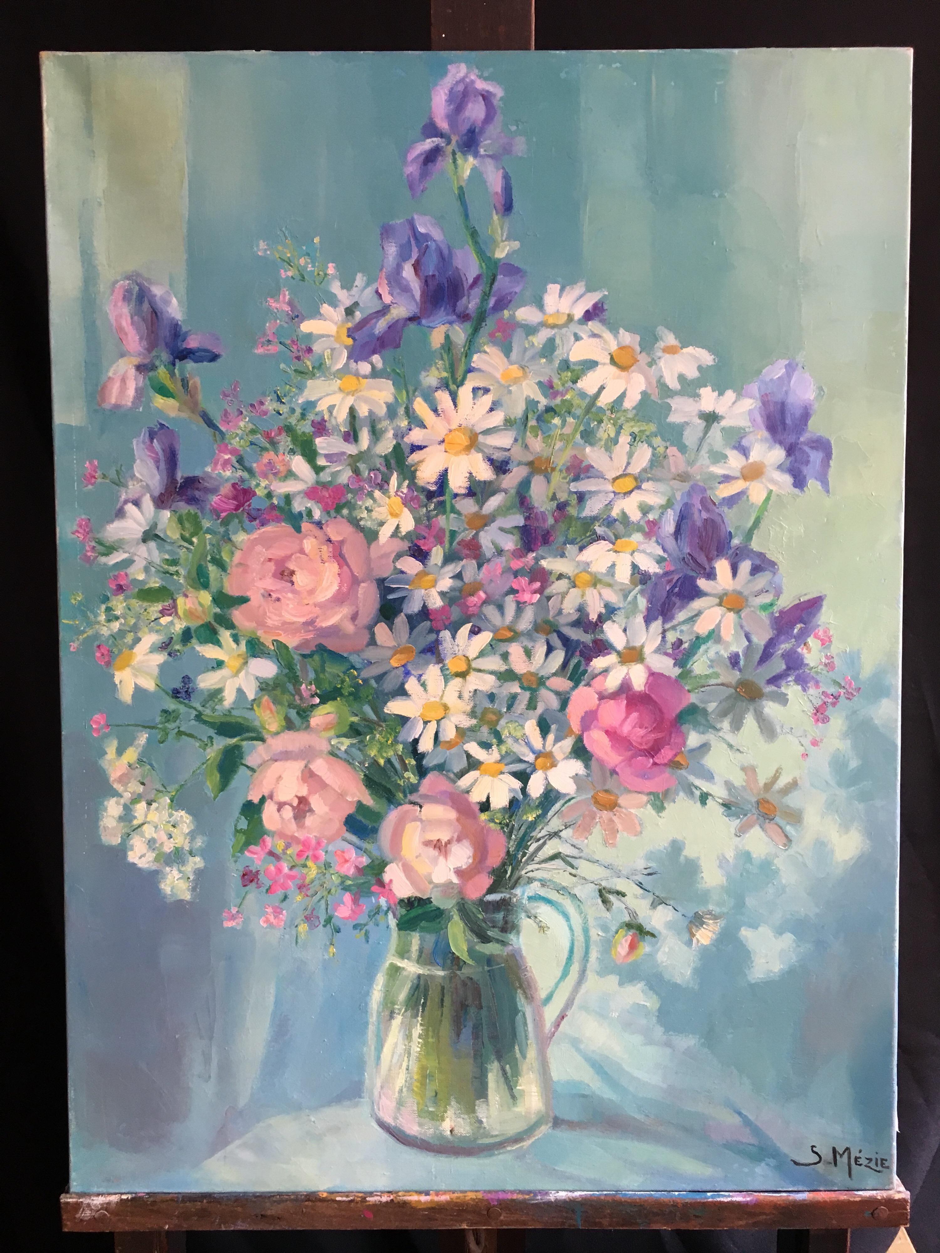 Pink and Purple Coloured Floral Bouquet, French Artist, Signed - Painting by Suzette Mezie