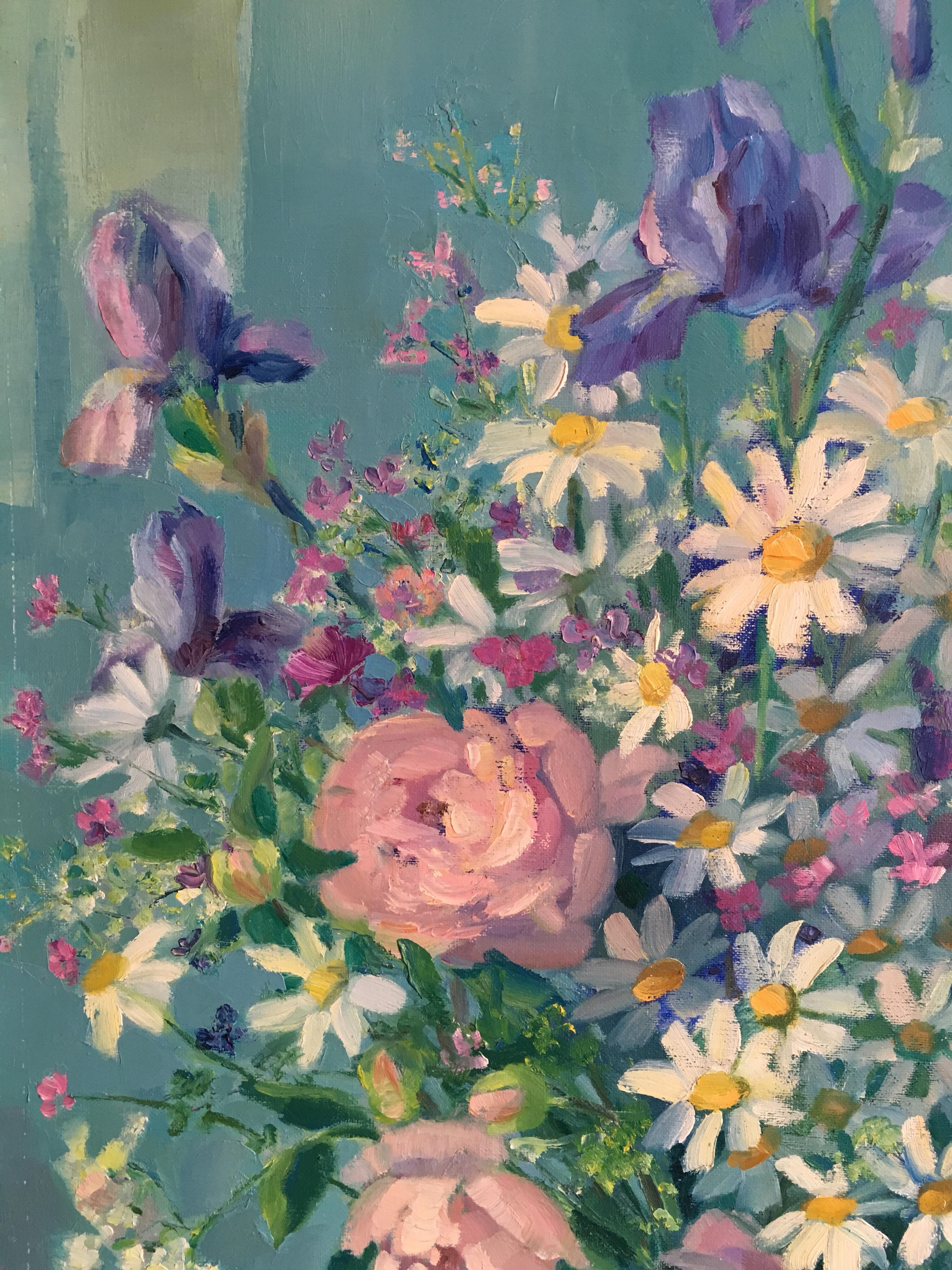 Pink and Purple Coloured Floral Bouquet, French Artist, Signed - Gray Interior Painting by Suzette Mezie