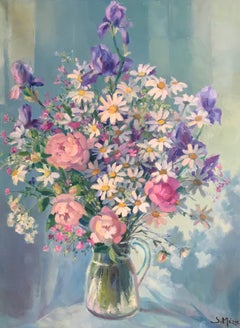 Pink and Purple Coloured Floral Bouquet, French Artist, Signed