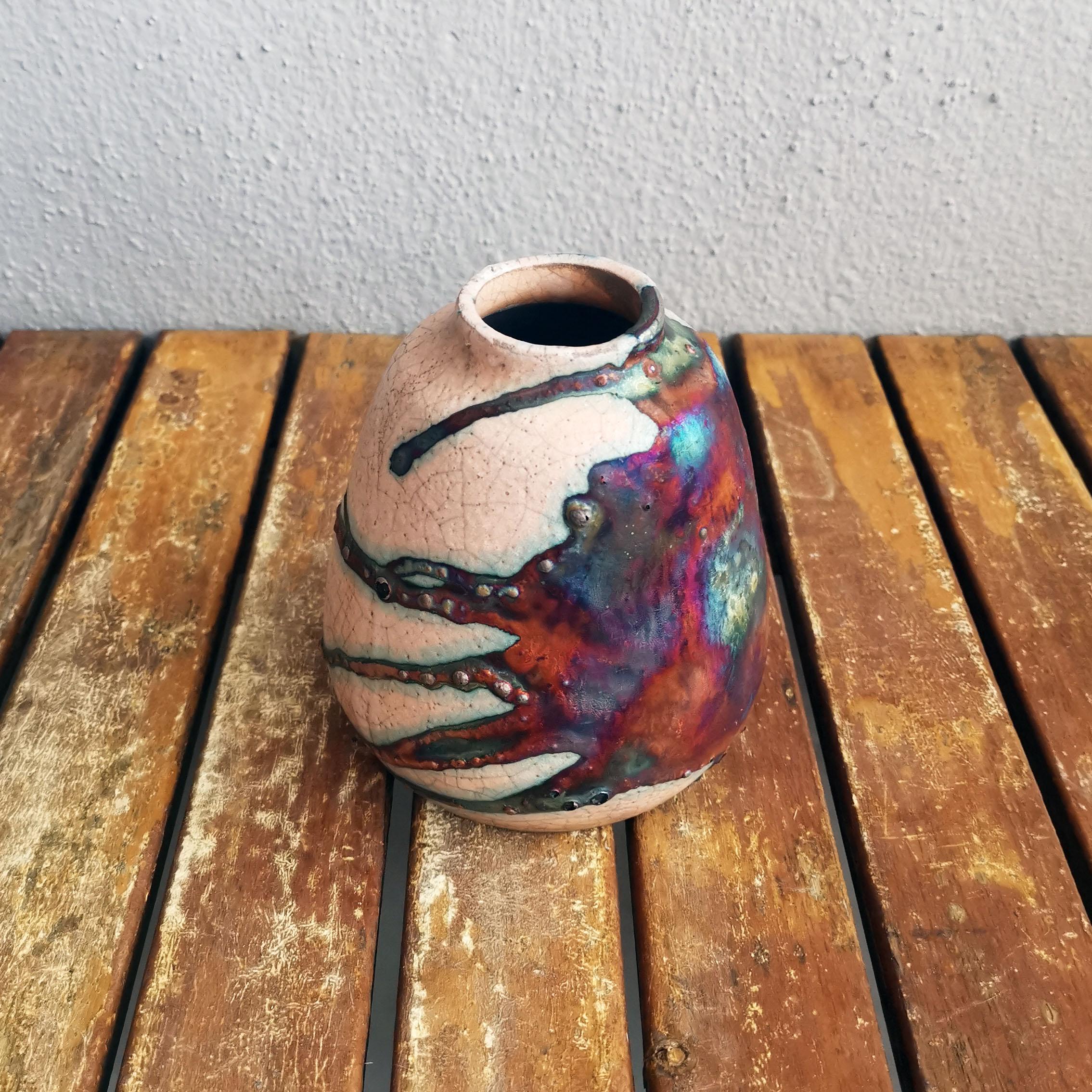 Modern Suzu Raku Pottery Vase, Half Copper Matte, Handmade Ceramic Home Decor Gift For Sale