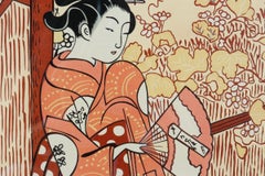 Suzuki Harunobu Framed Woodblock Print “Meeting Her Lover”