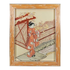 Suzuki Harunobu Framed Woodblock Print “Meeting Her Lover”