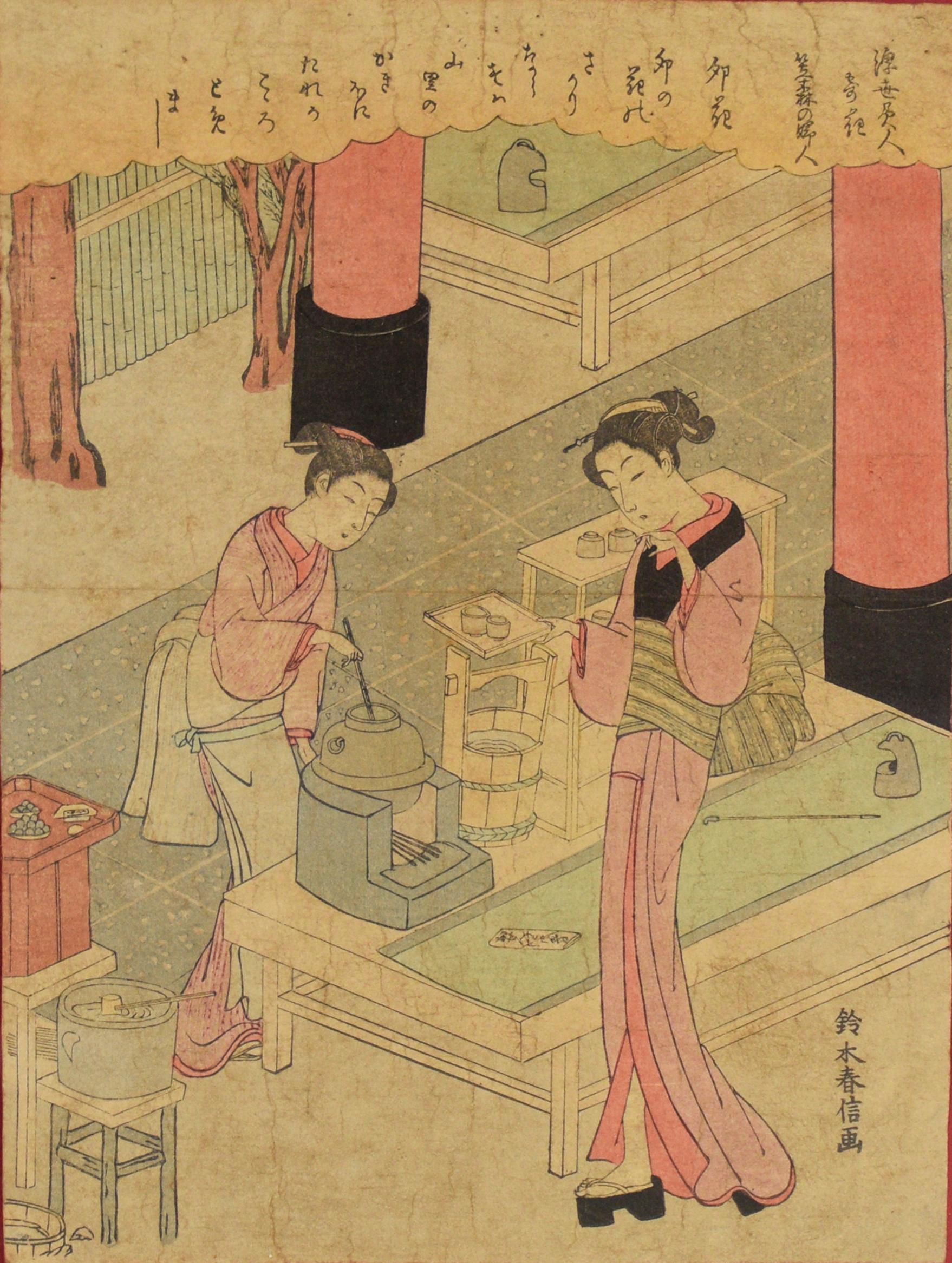 Flores de Deutzia: La Esposa de Kasamori - xilografía original - Print Edo de Suzuki Harunobu
