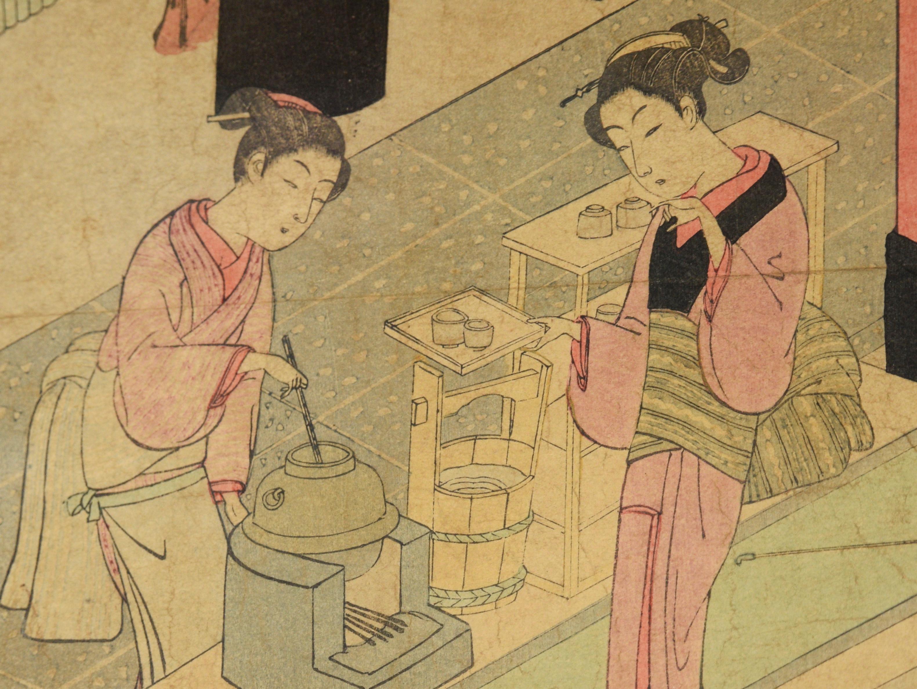 Flores de Deutzia: La Esposa de Kasamori - xilografía original - Figurative Print Marrón de Suzuki Harunobu