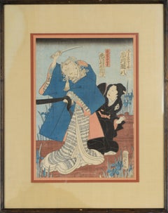 Kabuki-Schauspieler in blauem Kimono – Original Holzschnitt mit Holzschnitt