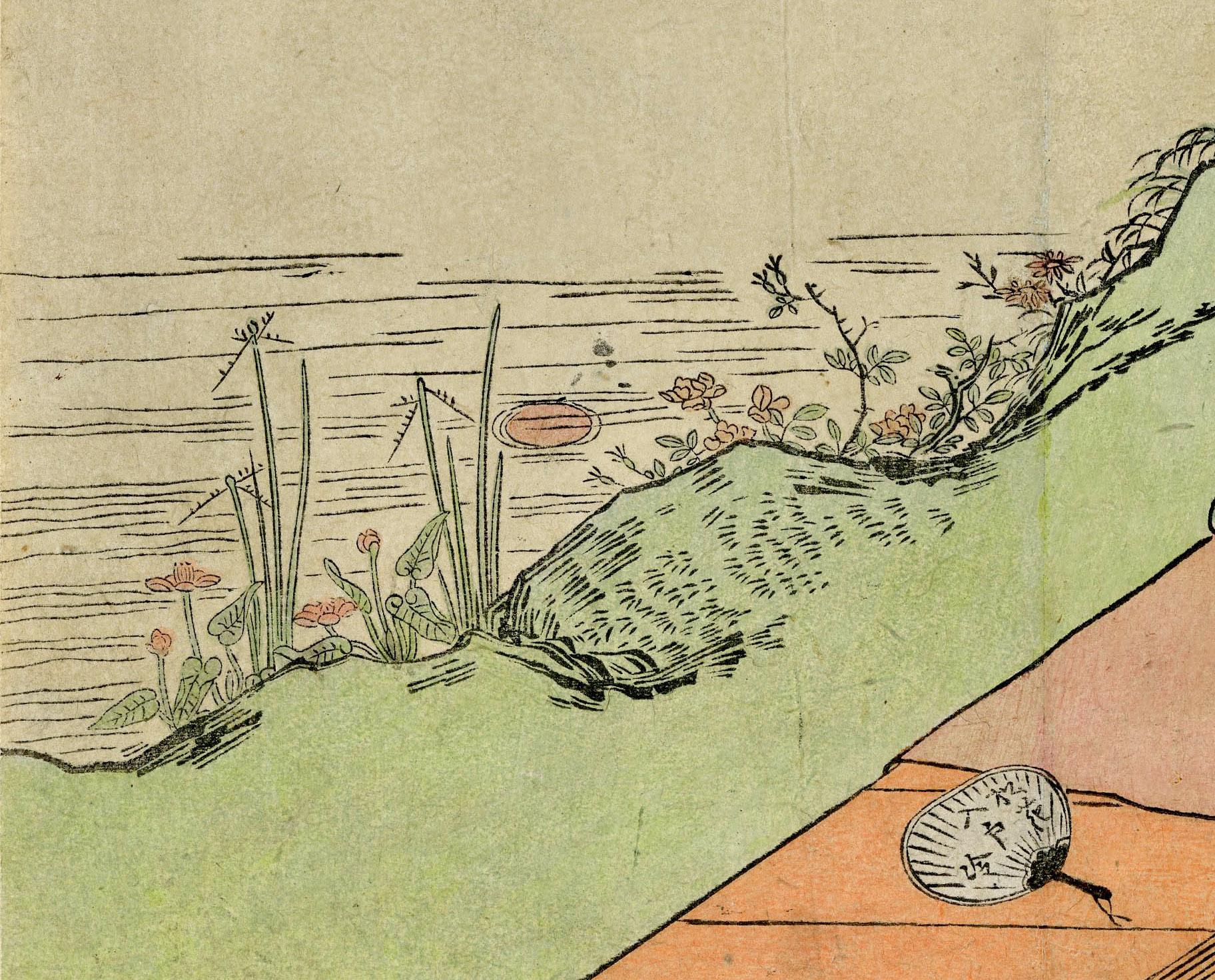 Beauty on a Veranda with Fan and Mirror - Edo Print by Suzuki (Hozumi) Harunobu
