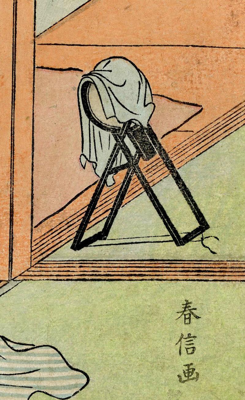 Signed: Harunobu ga
Series: Series: Eight Fashionable Parlor Views (Furyu zashiki hakkei)?
Format Japanese: chuban
Provenance:
Private Collection, Philadelphia
Collection of McCleaf
Condition: Colors slightly faded, sheet with centerfold, trimmed