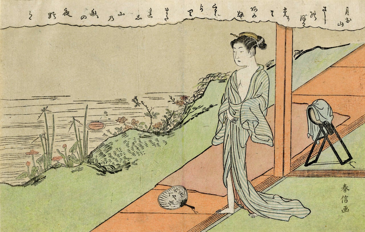 Suzuki (Hozumi) Harunobu Figurative Print - Beauty on a Veranda with Fan and Mirror