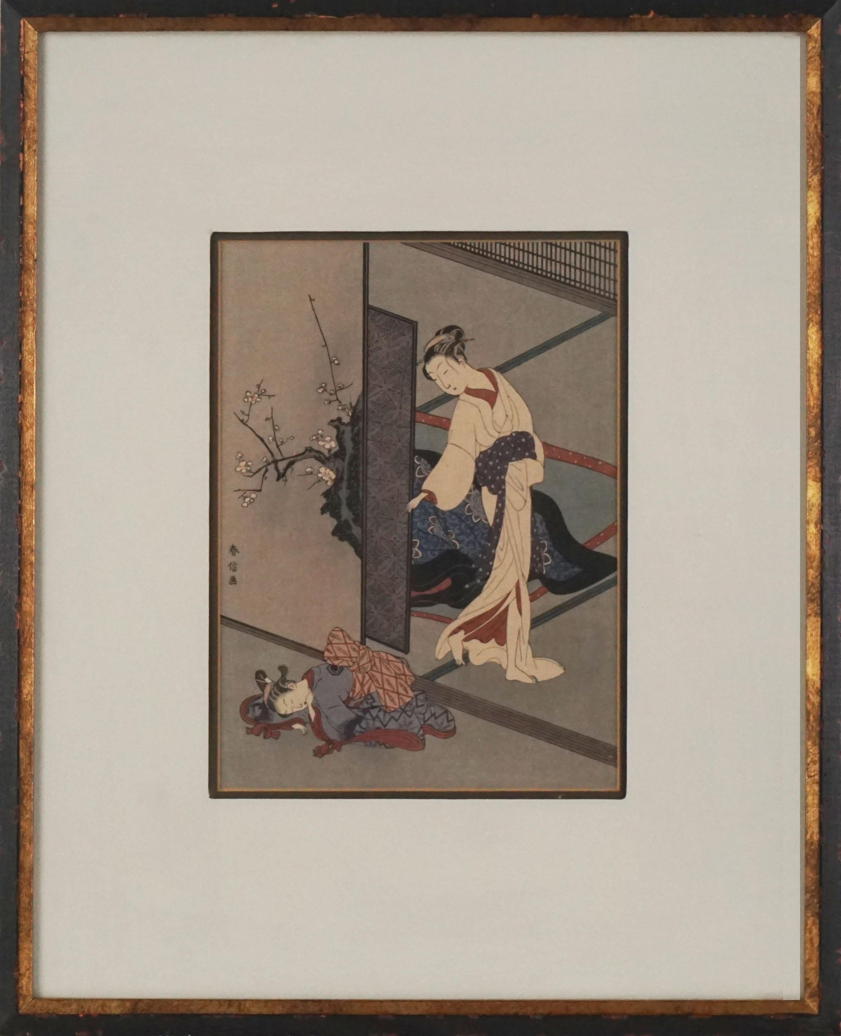Early 20th Century Japanese Woodblock -- Woman Looking At Her Sleeping Kamuro - Print by Suzuki (Hozumi) Harunobu