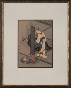 Early 20th Century Japanese Woodblock -- Woman Looking At Her Sleeping Kamuro
