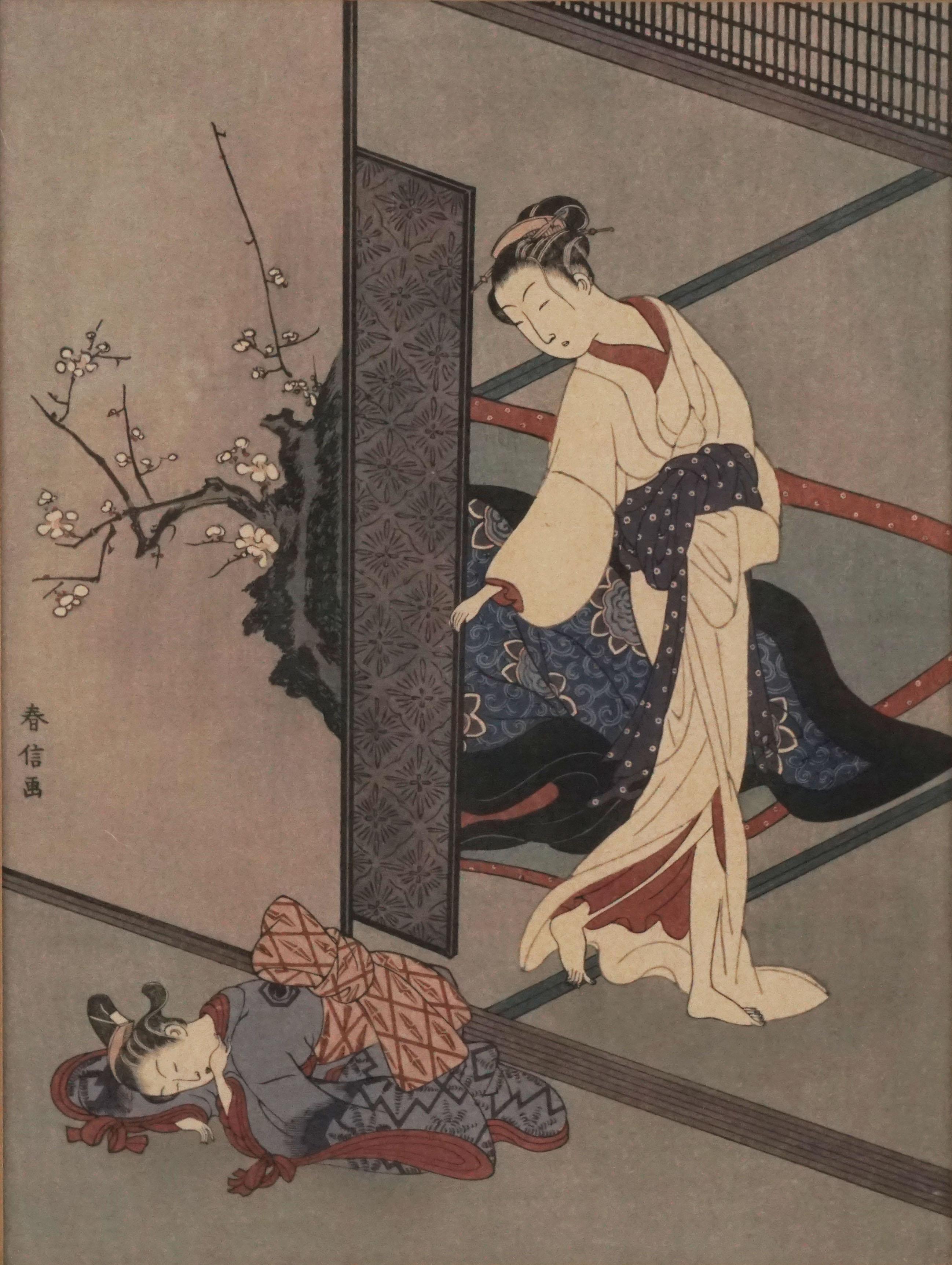 Suzuki (Hozumi) Harunobu Figurative Print - Early 20th Century Japanese Woodblock -- Woman Looking At Her Sleeping Kamuro