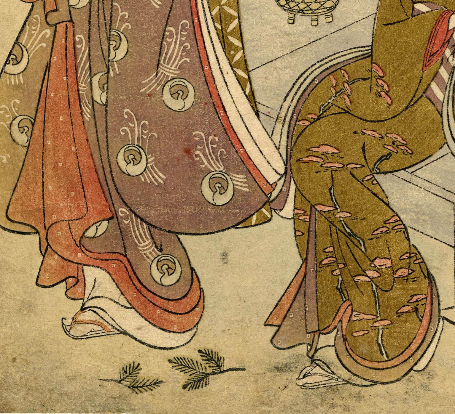 Two Bijin on an Engawa - Brown Figurative Print by Suzuki (Hozumi) Harunobu