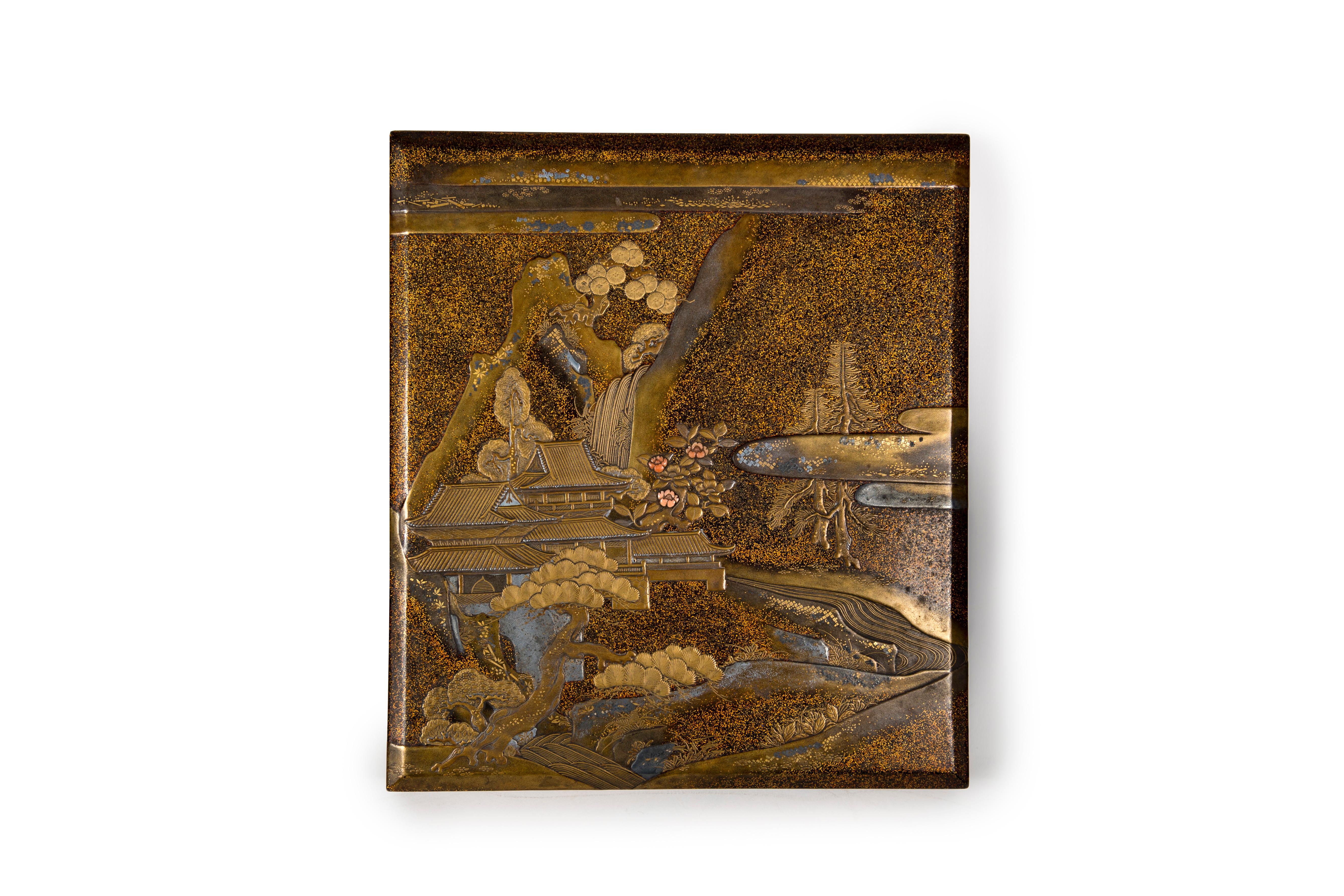 Suzuribako oder Schreibkasten aus Nashiji-Lack, verziert mit einer Landschaft im Zustand „Gut“ im Angebot in PARIS, FR