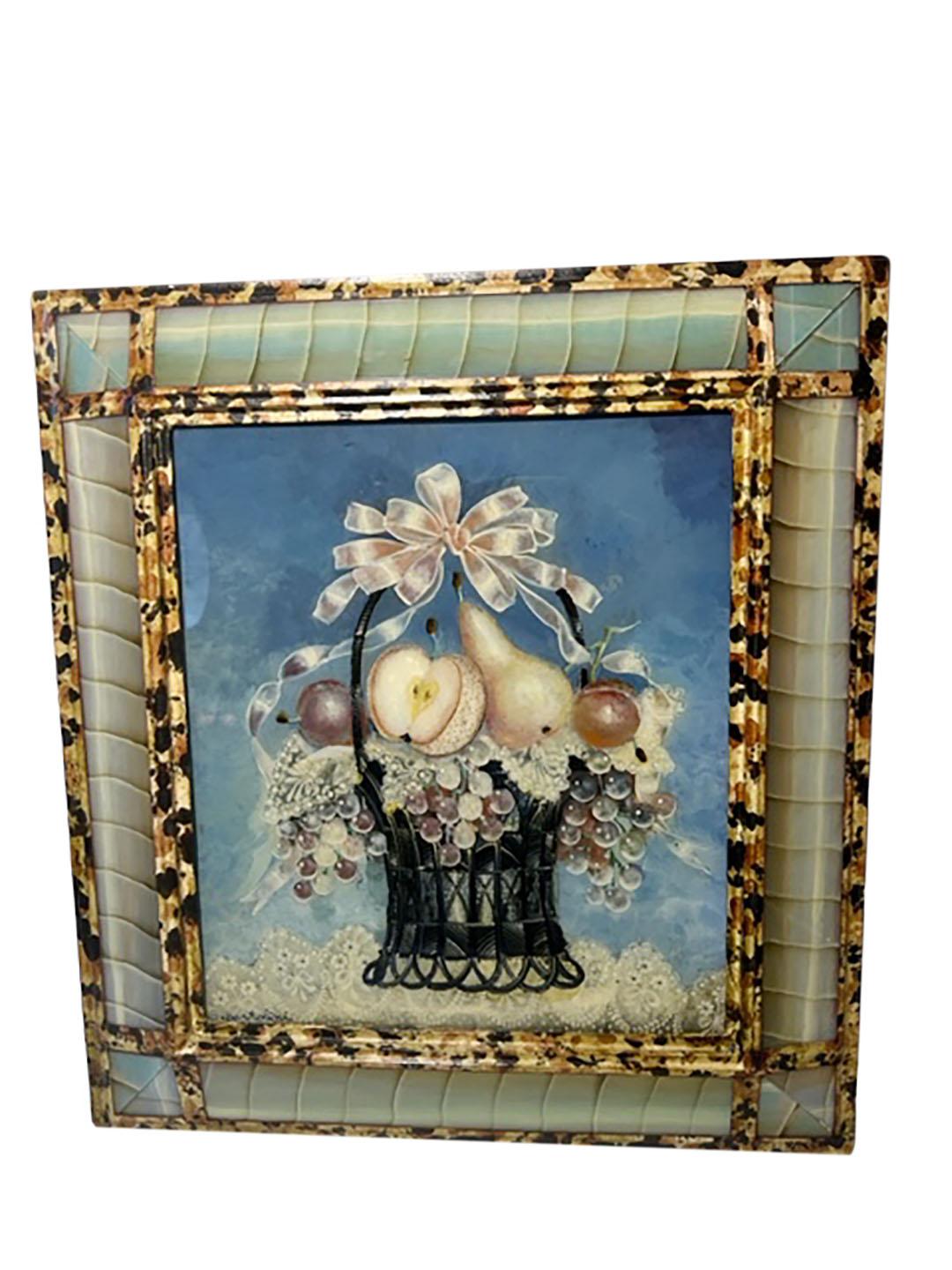 Suzy Bartolini reverse painting, French artist born 1930. Well known for her reverse painting of flowers baskets and individuals. Very special custom frames made by her. Circa 1950. Image itself is thirteen by eleven and a half inches.