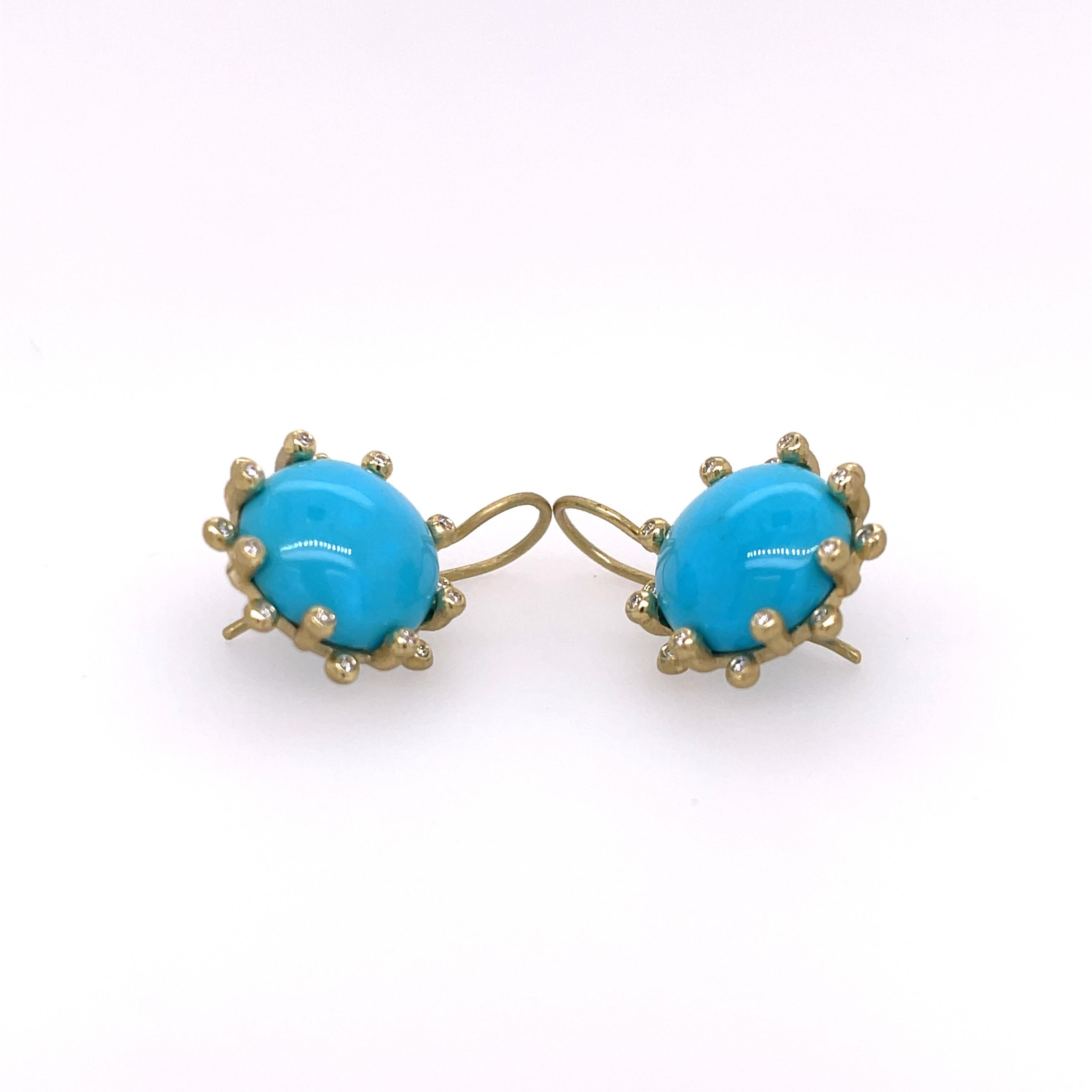 18K yellow gold earrings featuring sleeping beauty turquoise and brilliant round diamonds by designer Suzy Landa. Turquoise 9.73ctw and Diamonds 0.16ctw. Handcrafted in New York City. Stamped Suzy Landa 750.

7/8