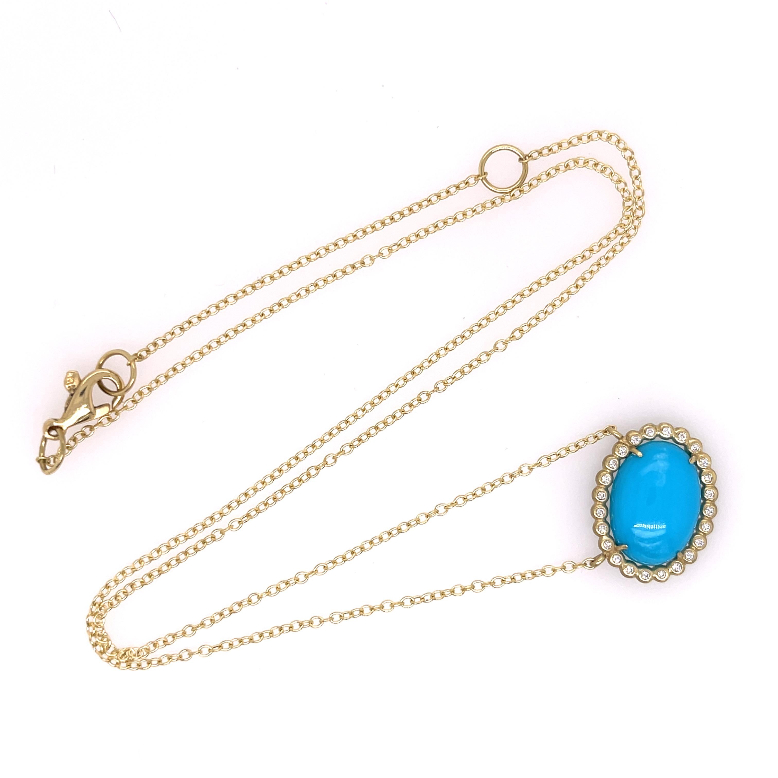 18K yellow gold necklace featuring sleeping beauty turquoise and brilliant round diamonds by designer Suzy Landa. The chain can go from 18