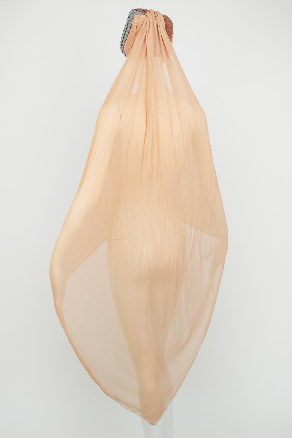 Suzy Lee Nude Silk 1001 Nights Genie Turban Cloche Hat w 5 ½’ Train – M, 1960s 3